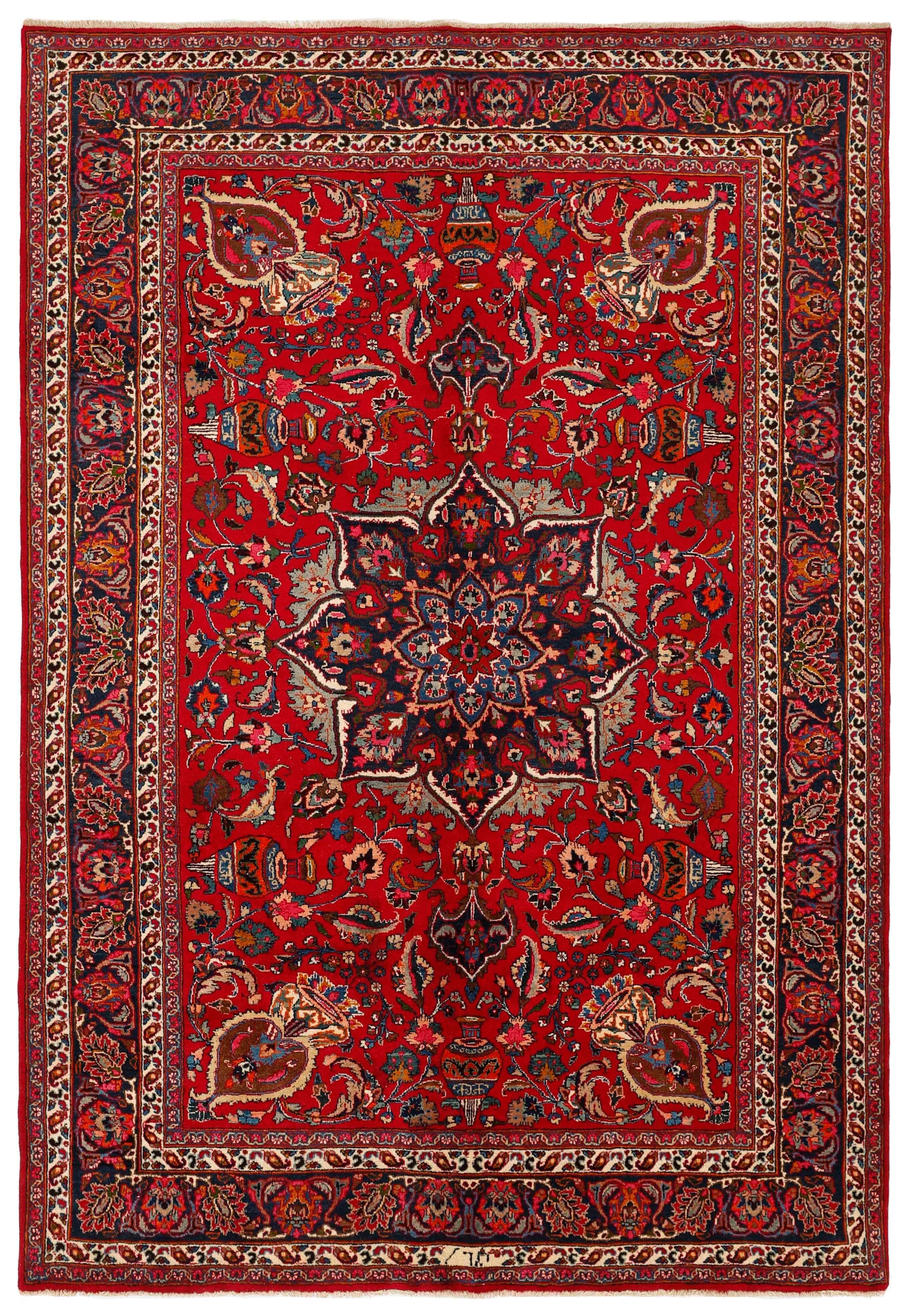 Authentic persian kelim flatweave rug with traditional design in red, blue and beige