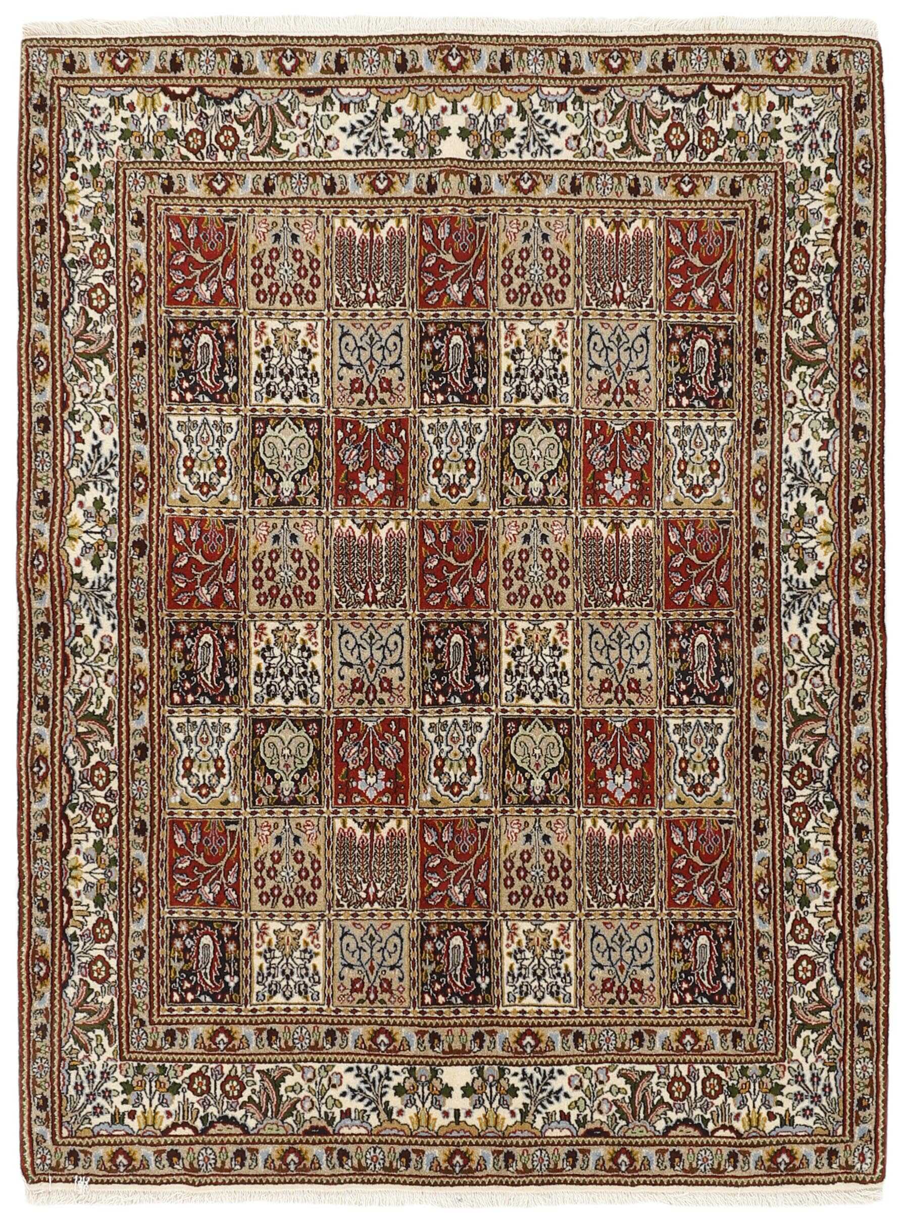 authentic persian rug with floral pattern in beige, blue and red