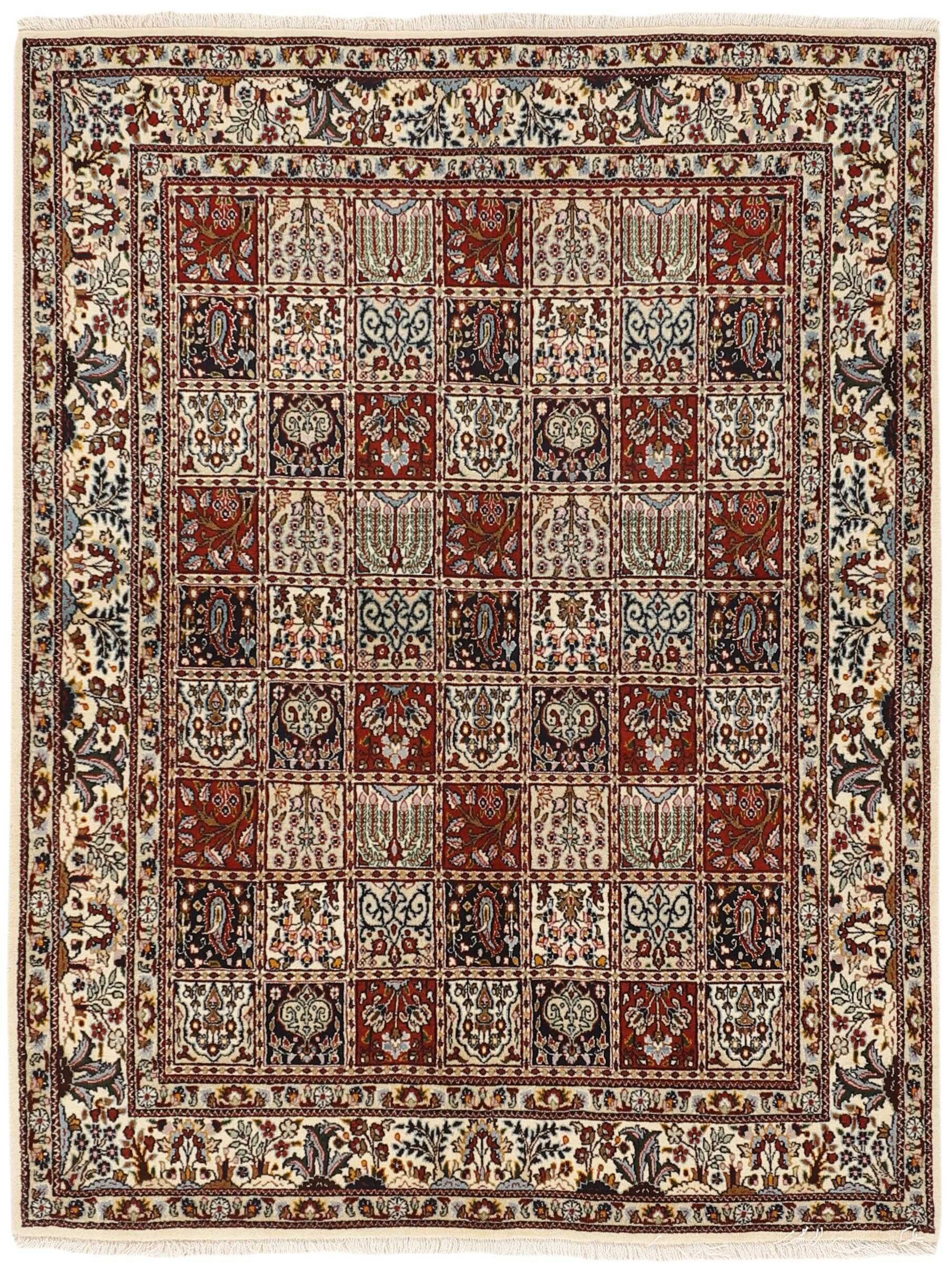 authentic persian rug with floral pattern in beige, blue and red