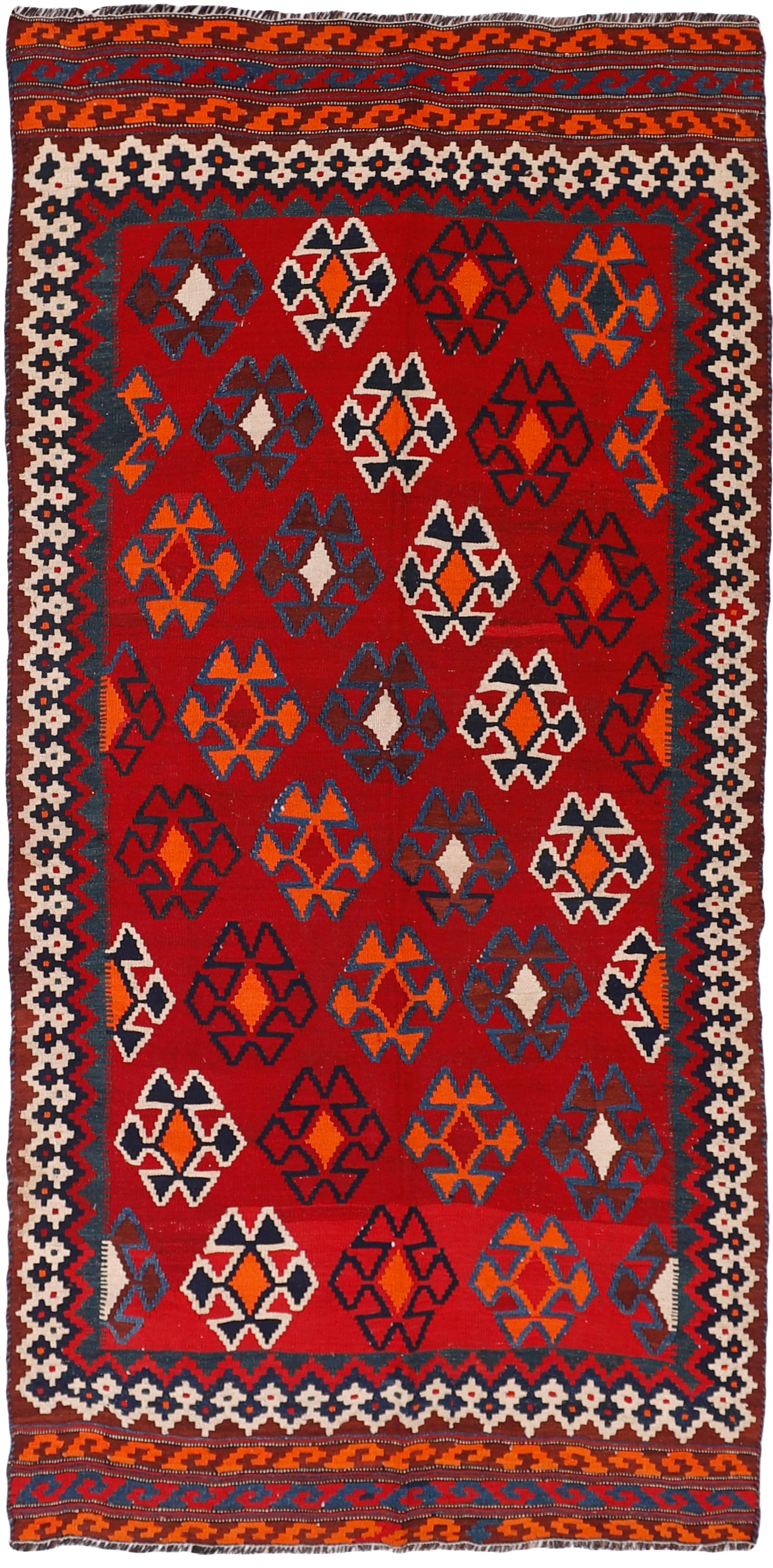 Authentic persian kelim flatweave rug with traditional stripe design in red, blue and black