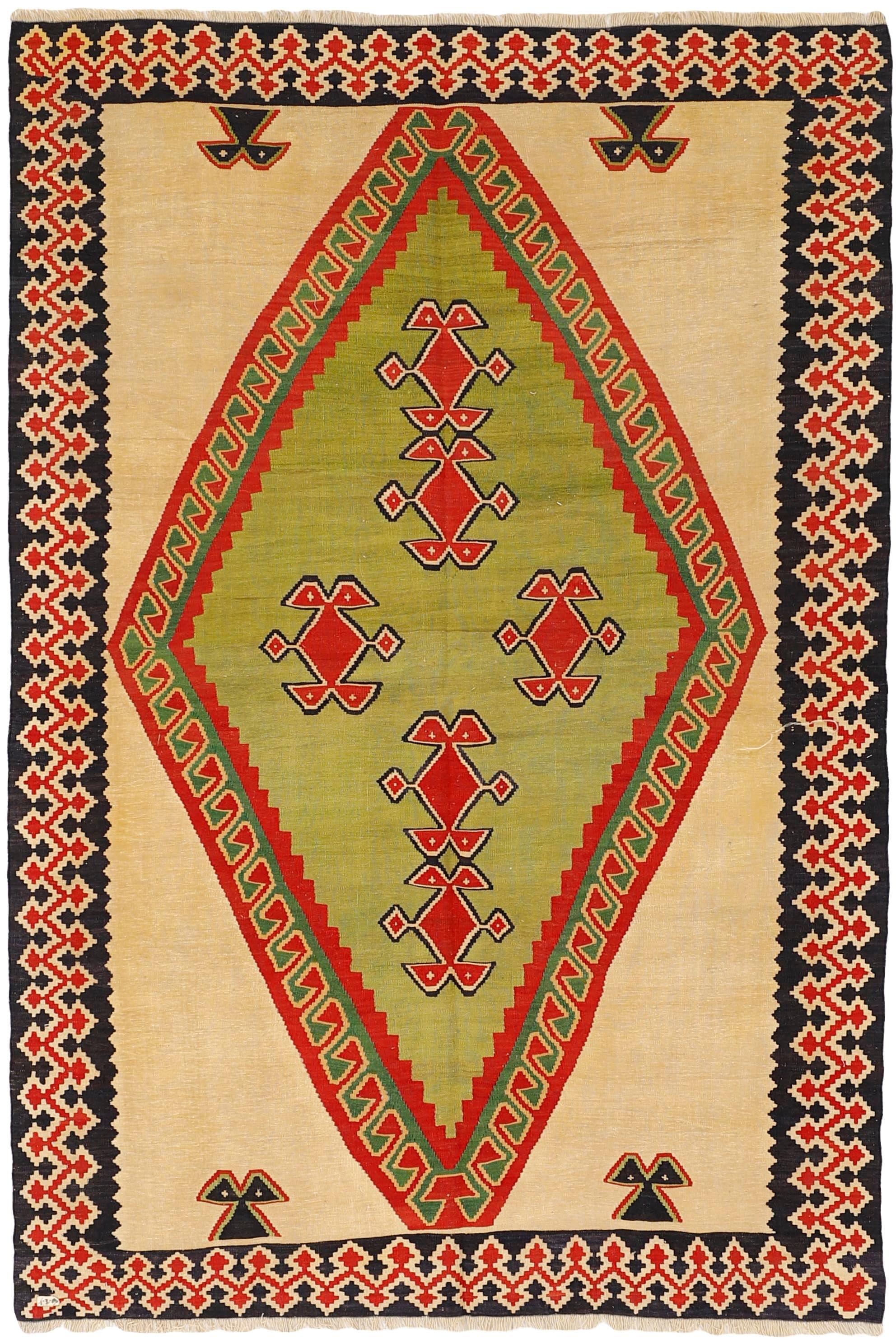 Authentic persian kelim flatweave rug with traditional stripe design in red, blue and beige