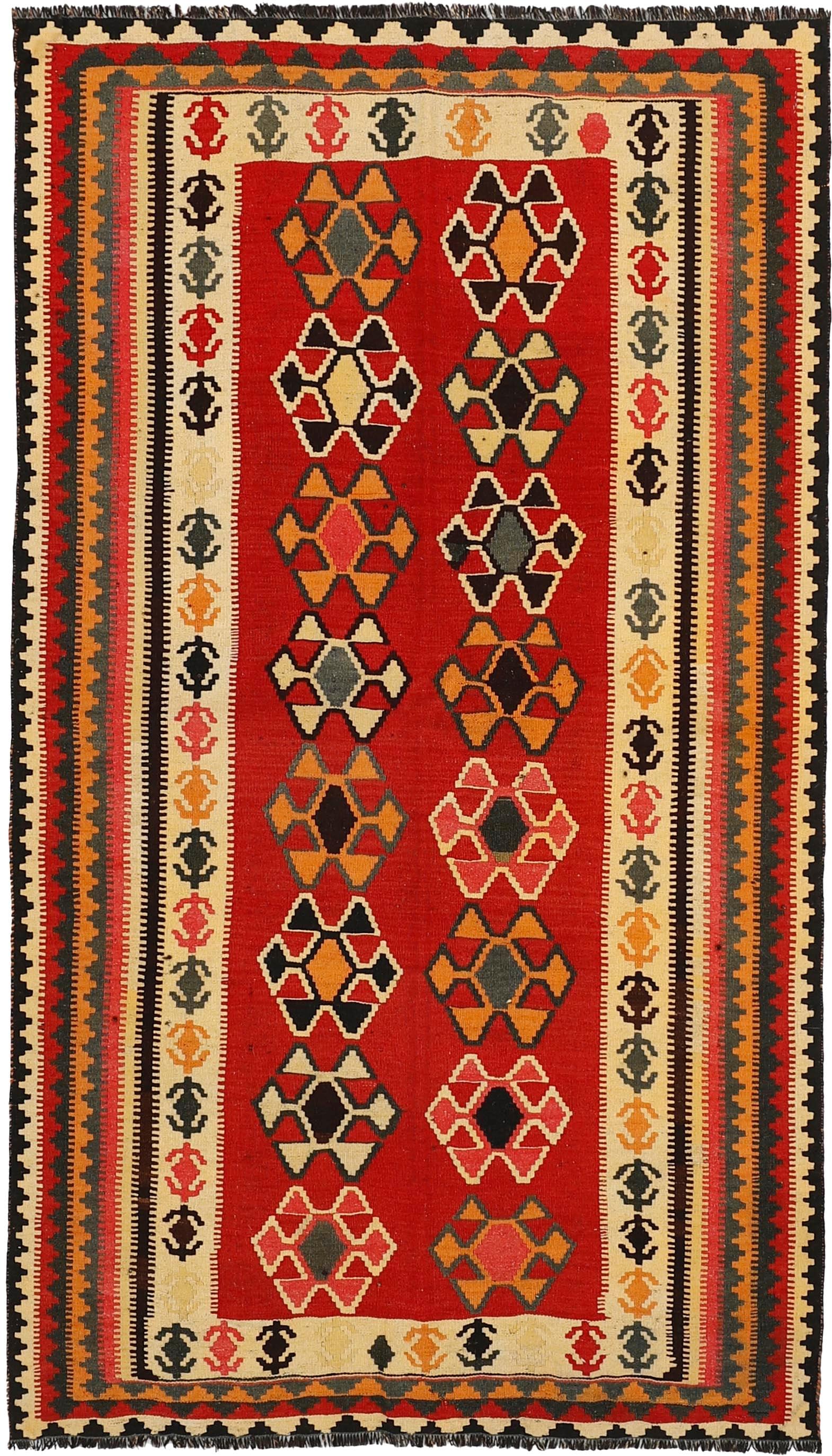 Authentic persian kelim flatweave rug with traditional stripe design in red, blue and black