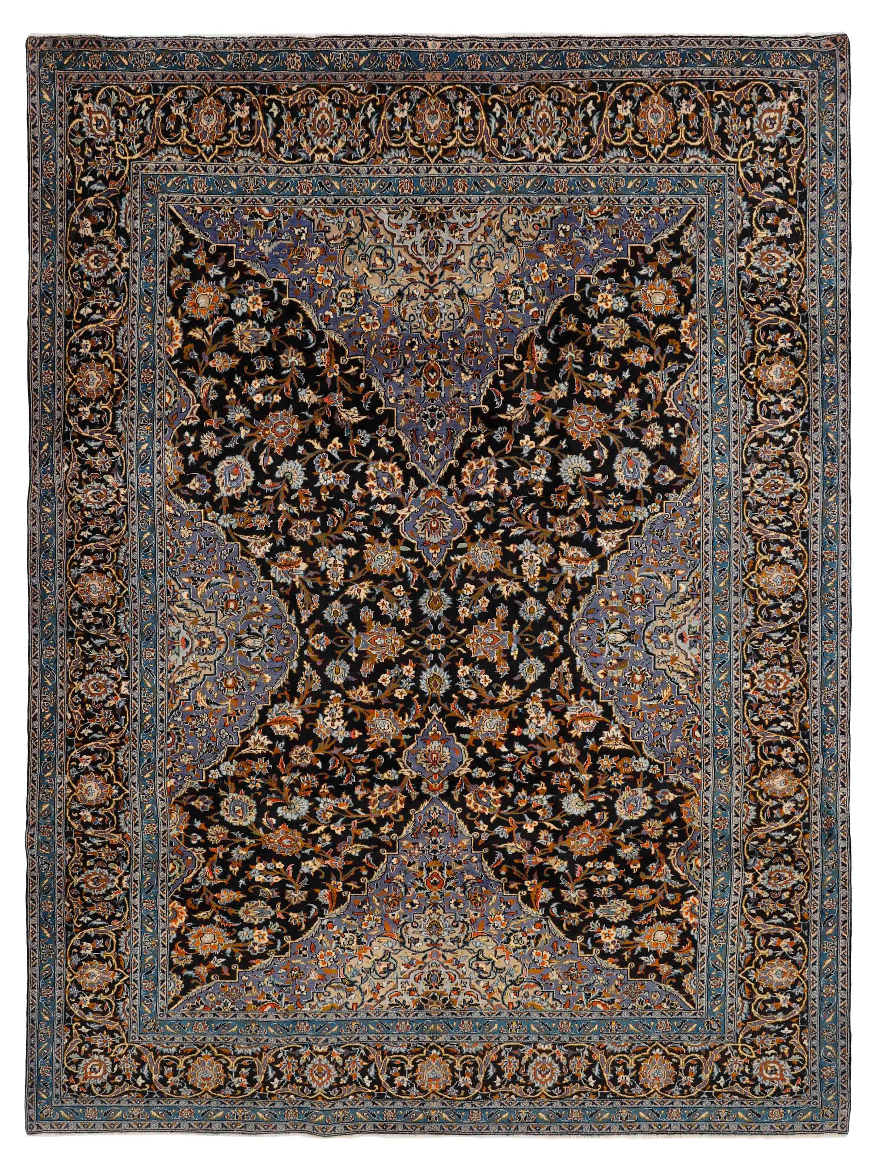 Authentic persian rug with traditional floral design in black, blue and beige