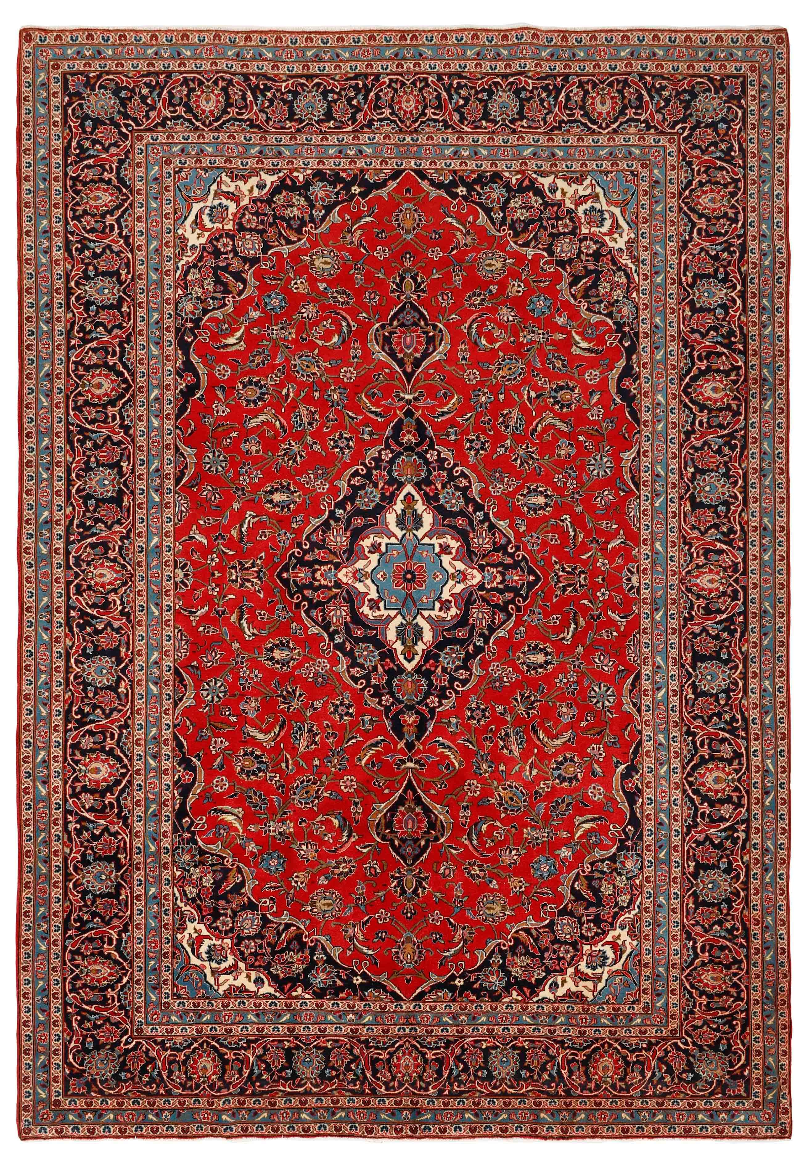 Authentic persian rug with traditional floral design in red and blue