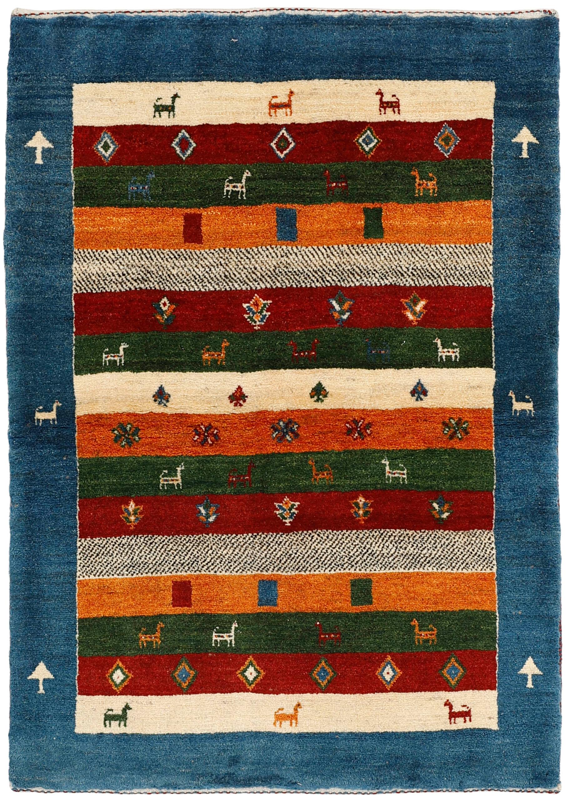 authentic persian rug with geometric tribal design in beige, red, yellow and blue