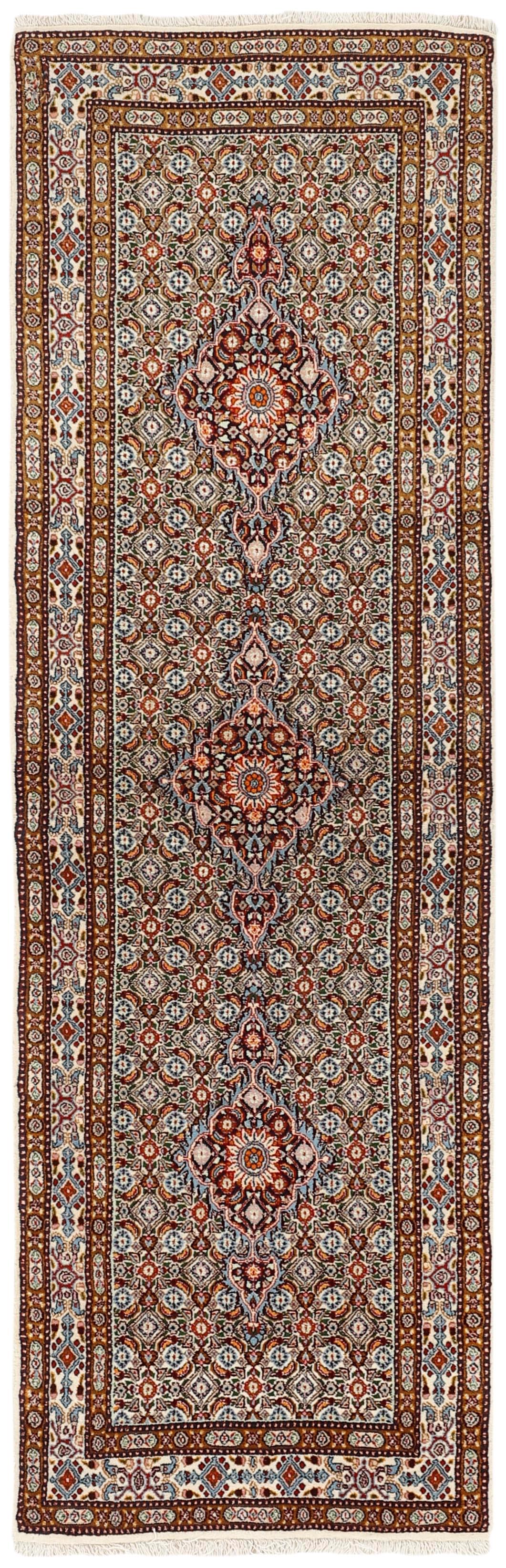 authentic persian runner with traditional floral pattern in red, pink, blue, green, beige, brown and black