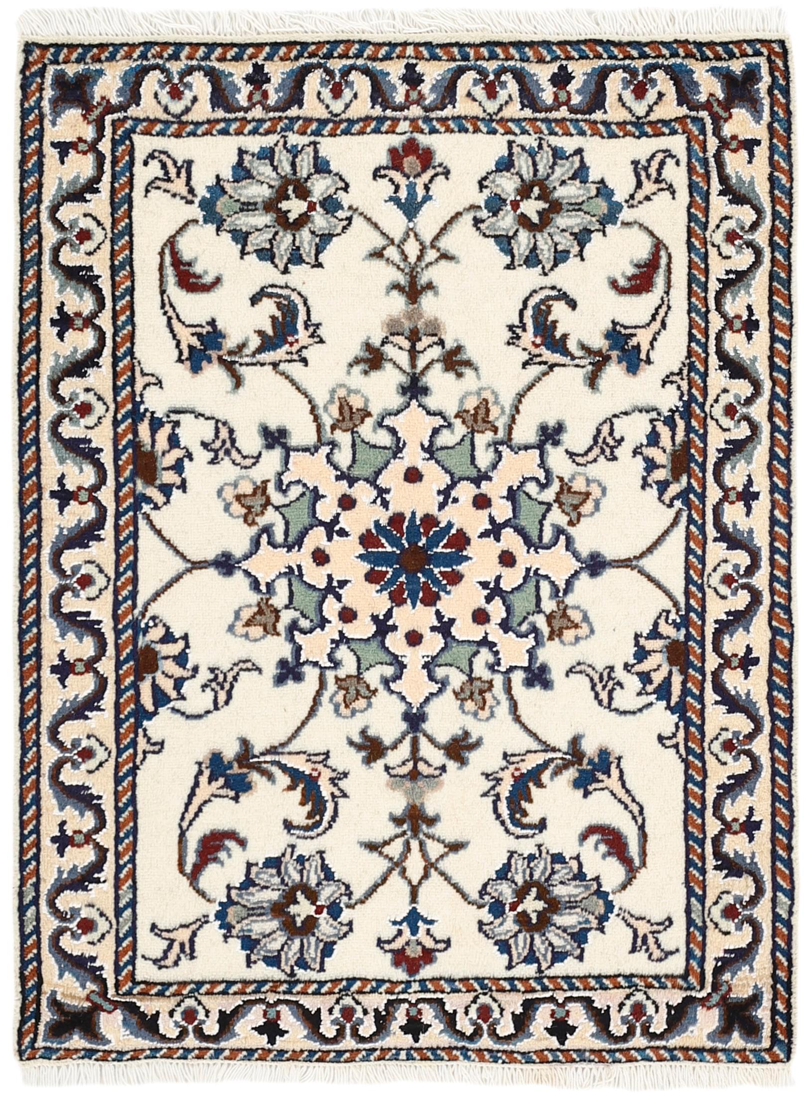 Authentic persian rug with a traditional floral design in cream and blue