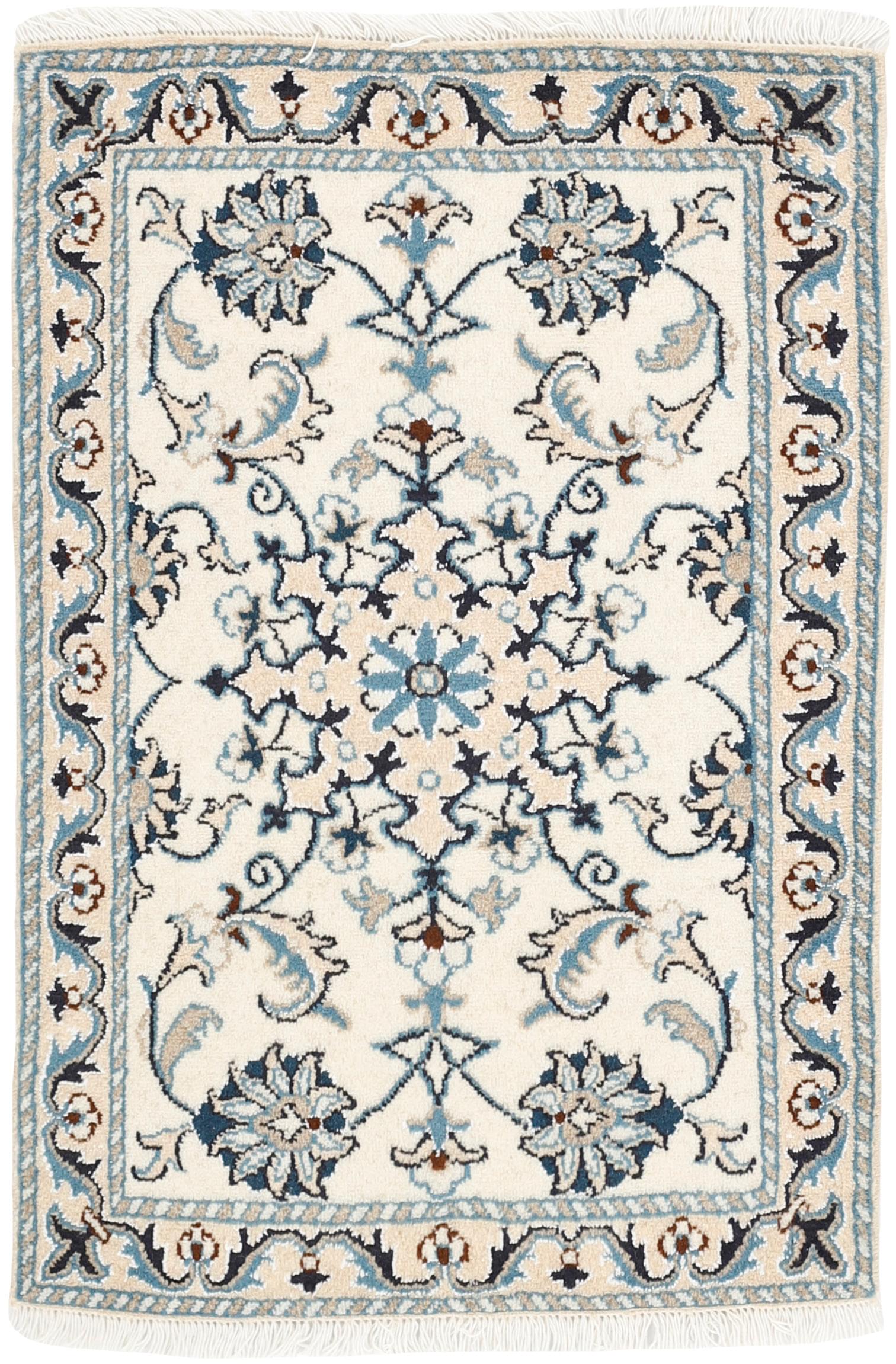 Authentic persian rug with a traditional floral design in cream and blue