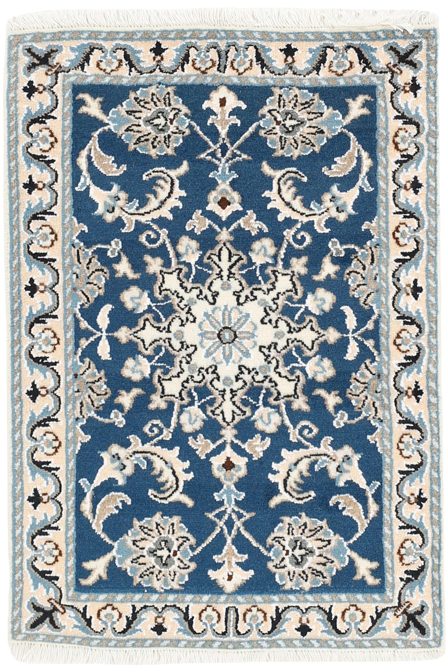 Authentic persian rug with a traditional floral design in cream and blue