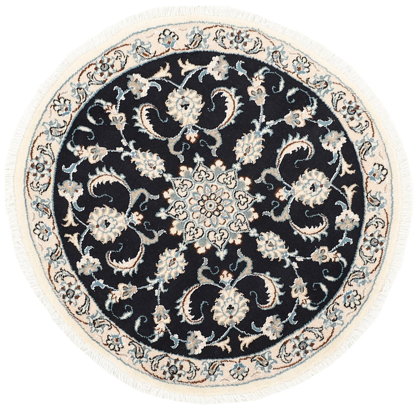 Authentic persian circle rug with a traditional floral design in black and beige