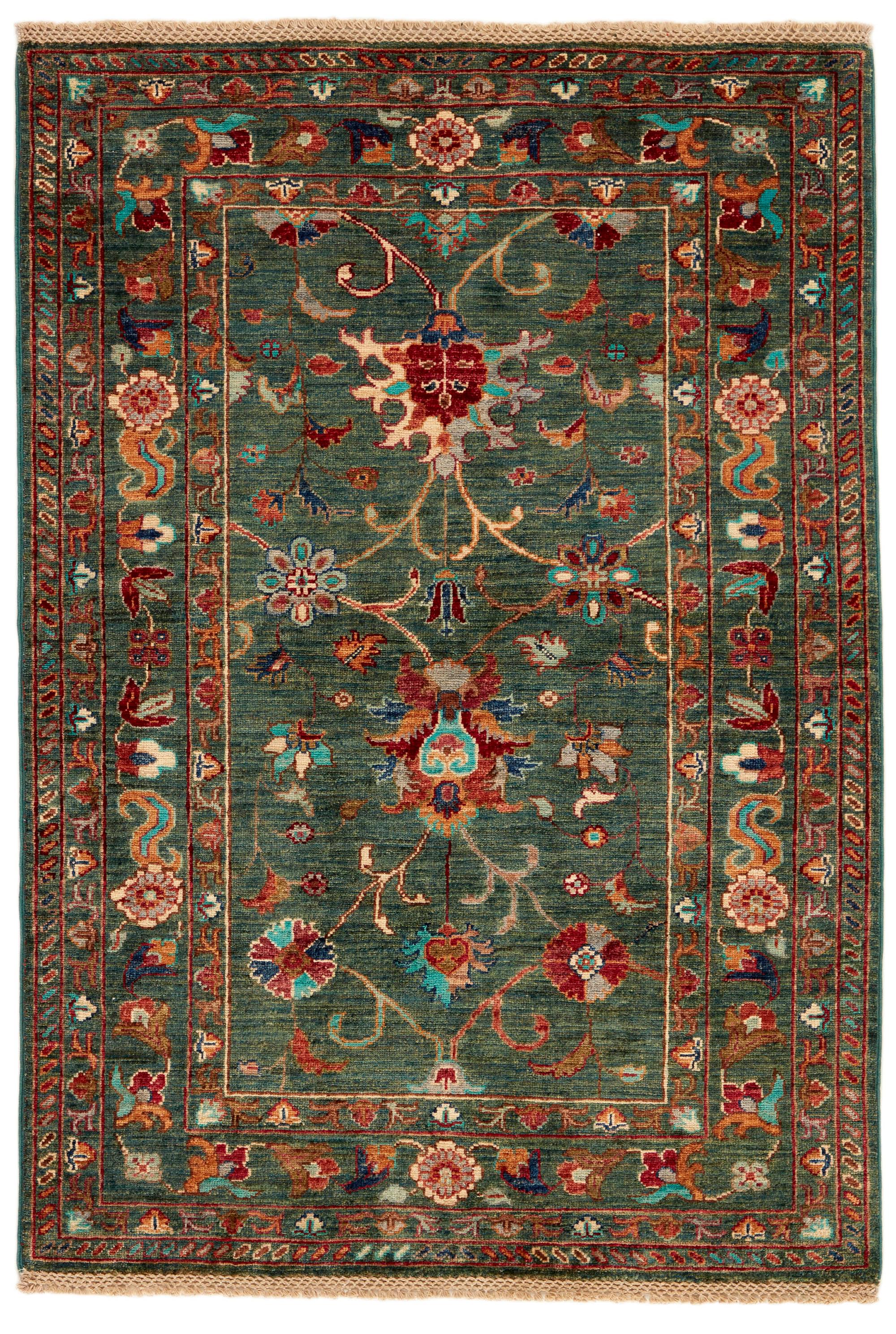 oriental rug with red, yellow, blue, green, sky, beige and brown floral pattern