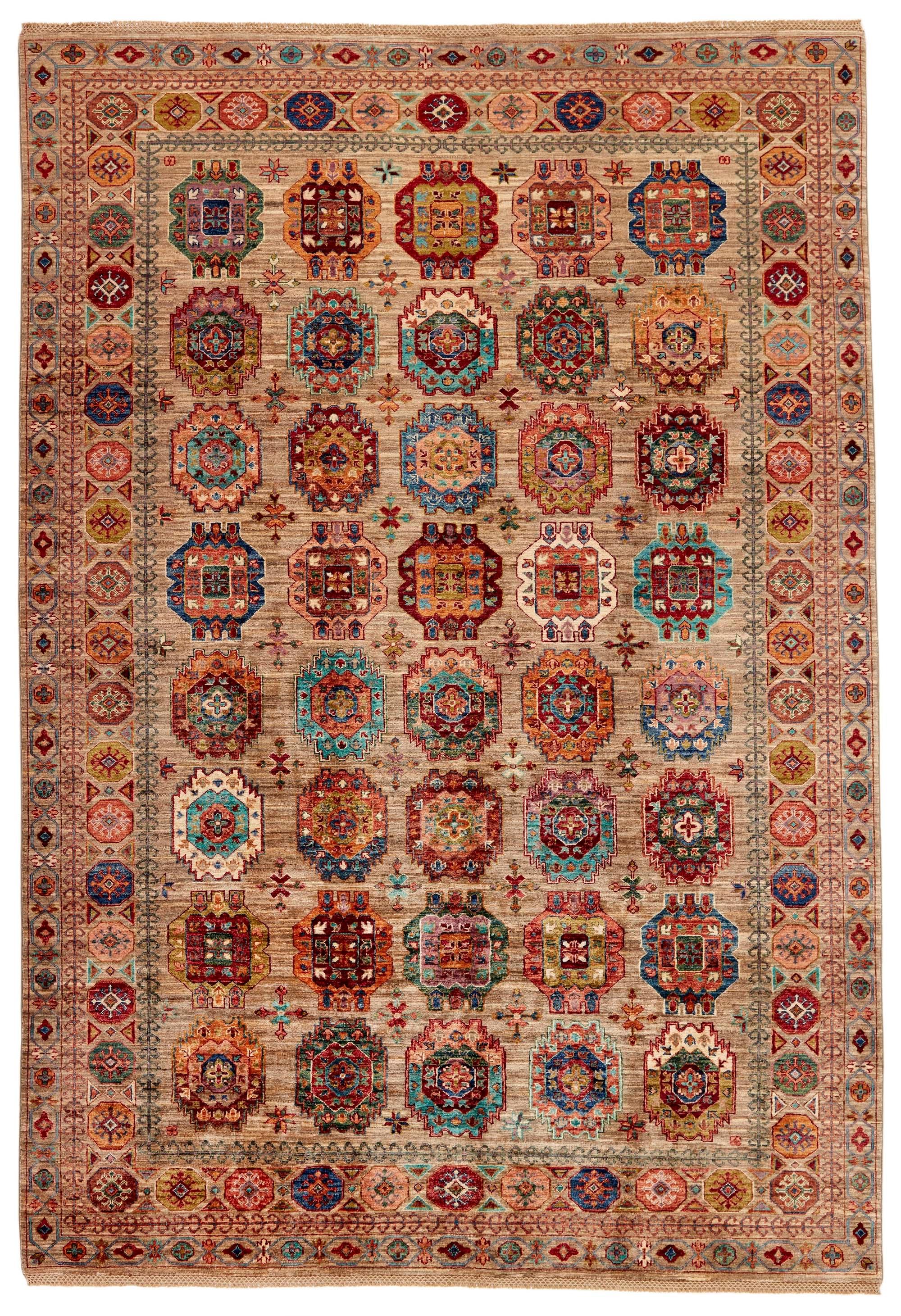 oriental rug with red, yellow, blue, green, sky, beige and brown floral pattern