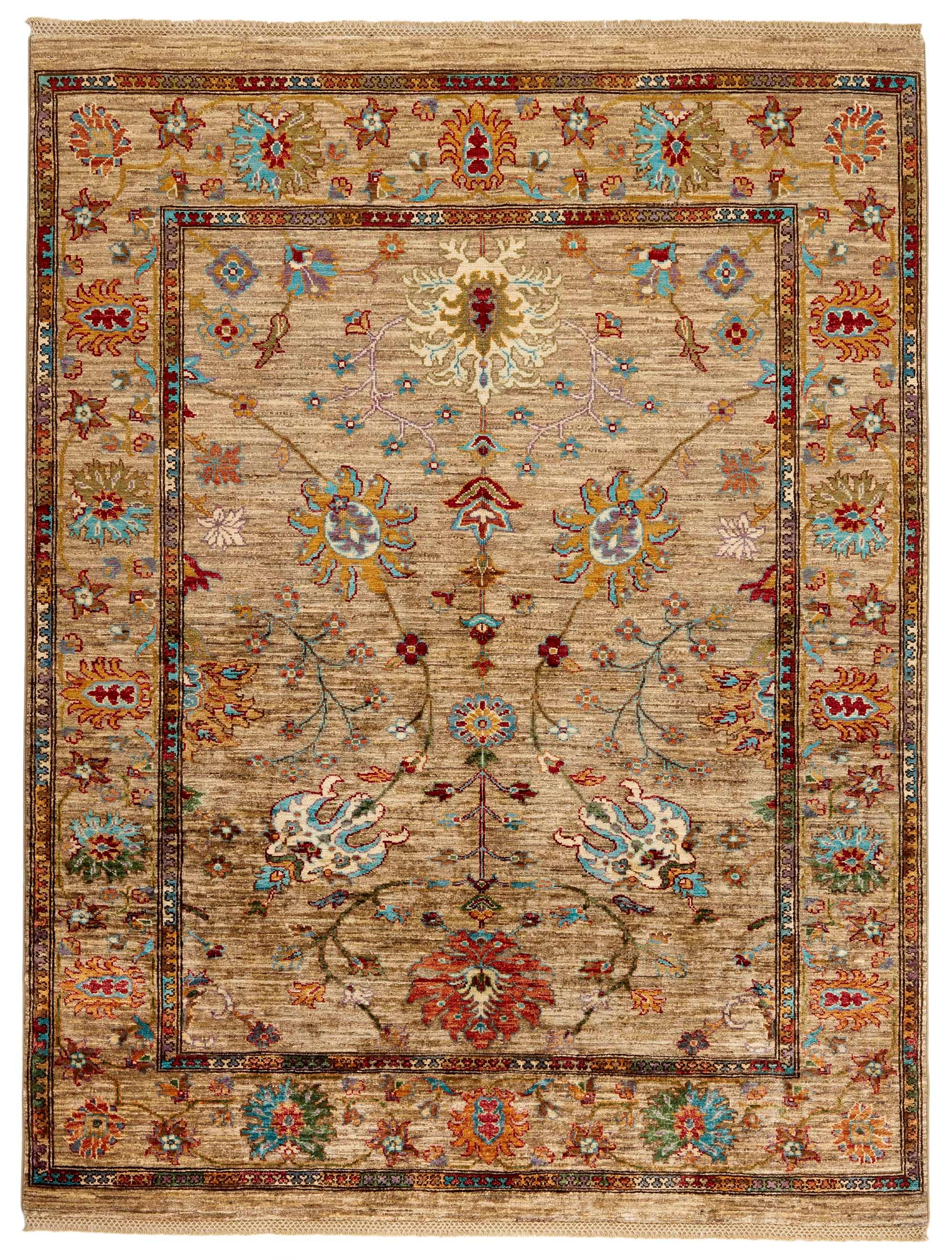 oriental rug with red, yellow, blue, green, sky, beige and brown floral pattern