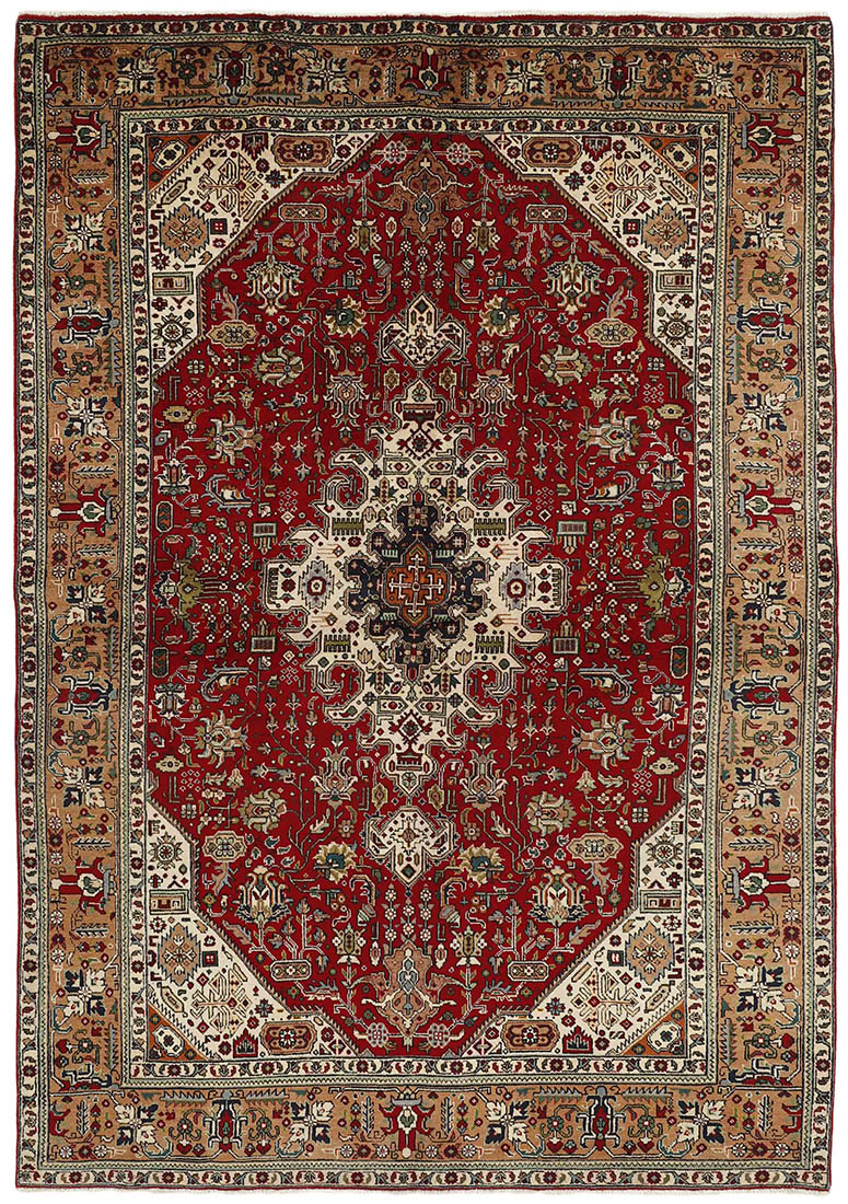 Authentic persian rug with traditional floral design in red, orange and beige
