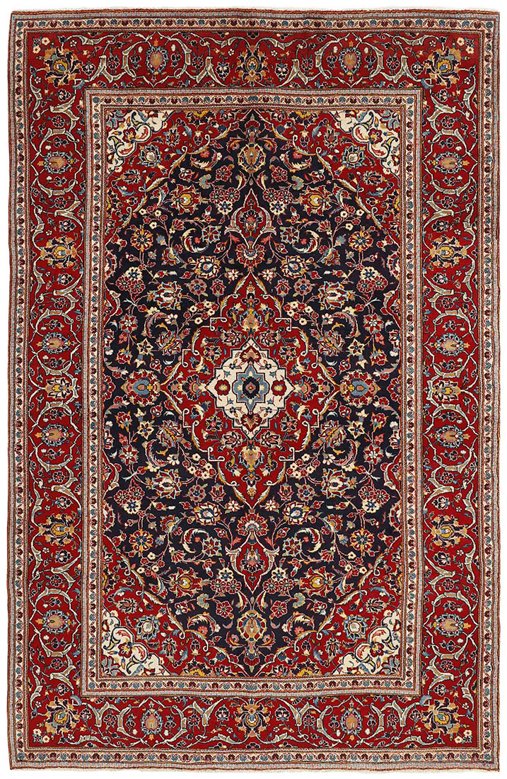Authentic persian rug with traditional floral design in red, black and cream
