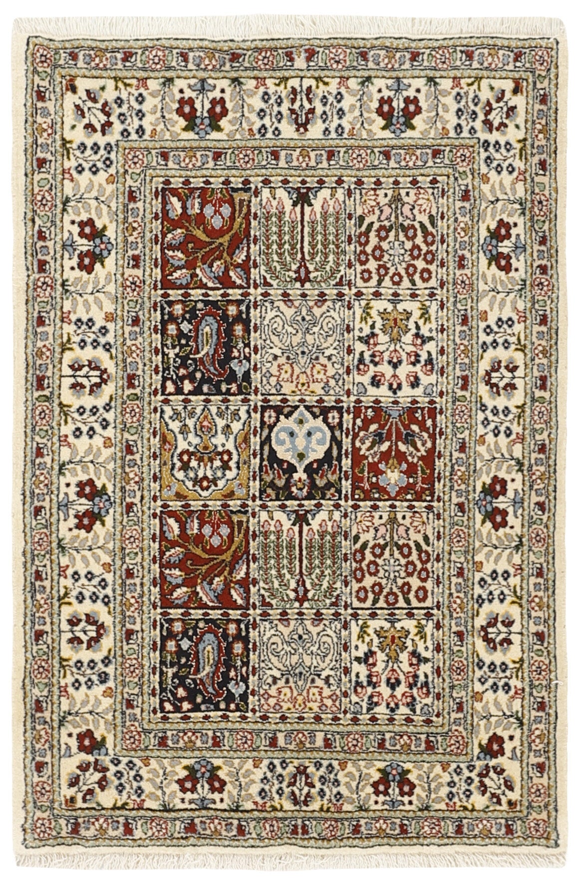 authentic persian rug with floral pattern in red, pink, yellow, blue, green, beige, brown and black