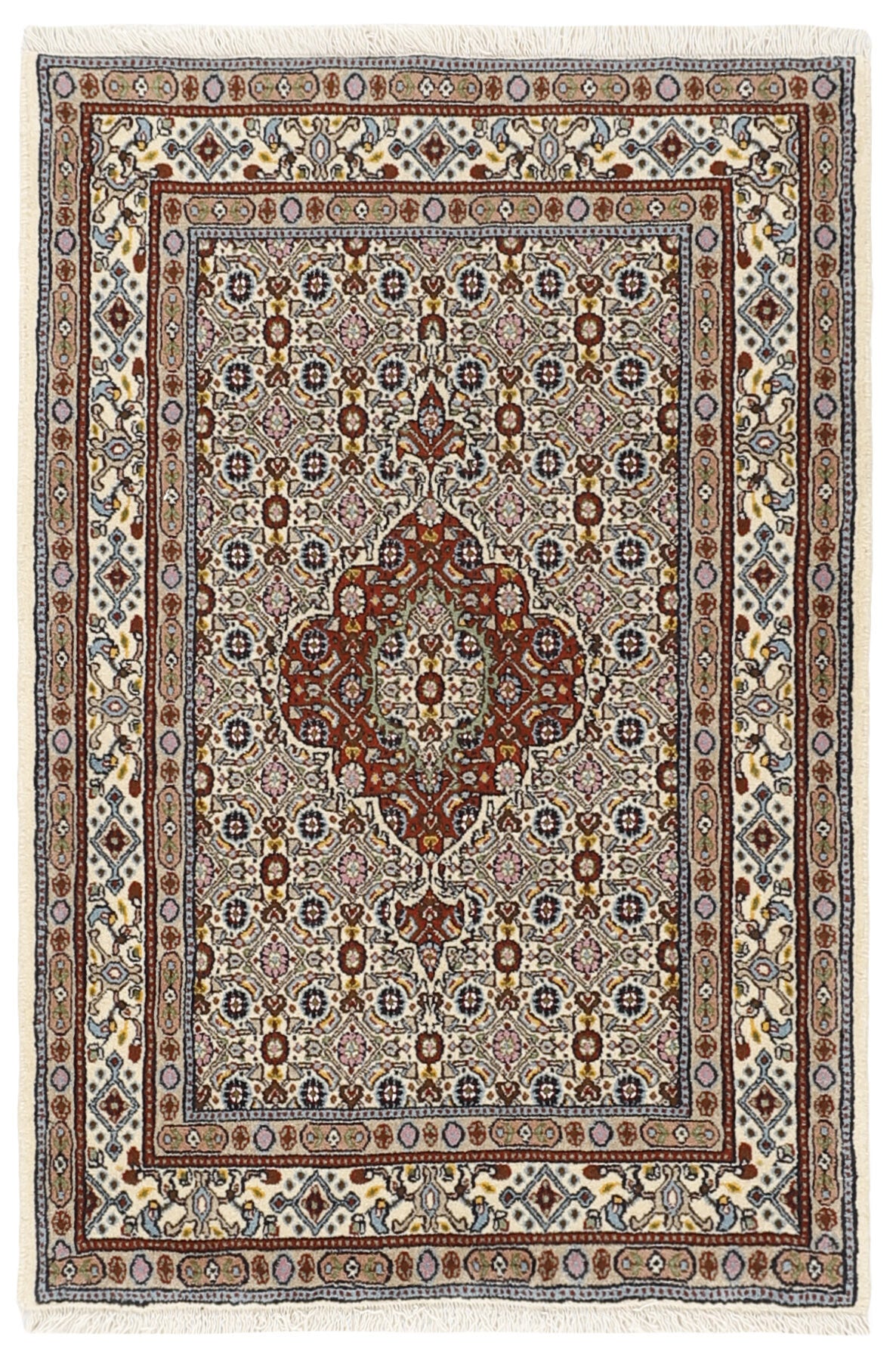 authentic persian rug with traditional floral pattern in red, pink, yellow, blue, green, cream, beige, brown and black