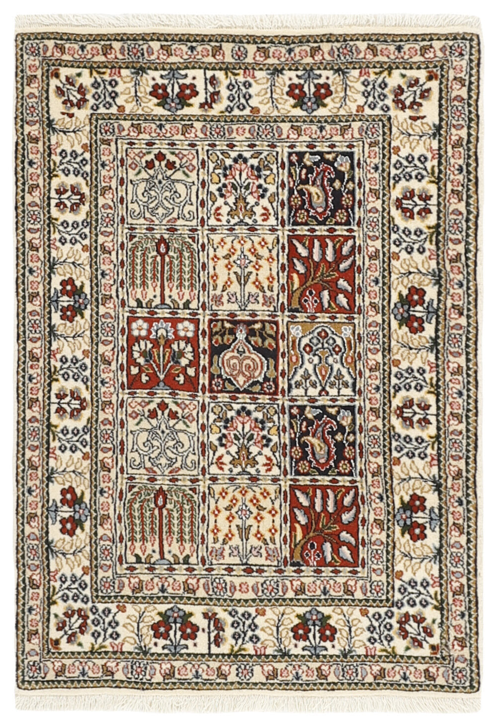 authentic persian rug with floral pattern in red, pink, yellow, blue, green, beige, brown and black