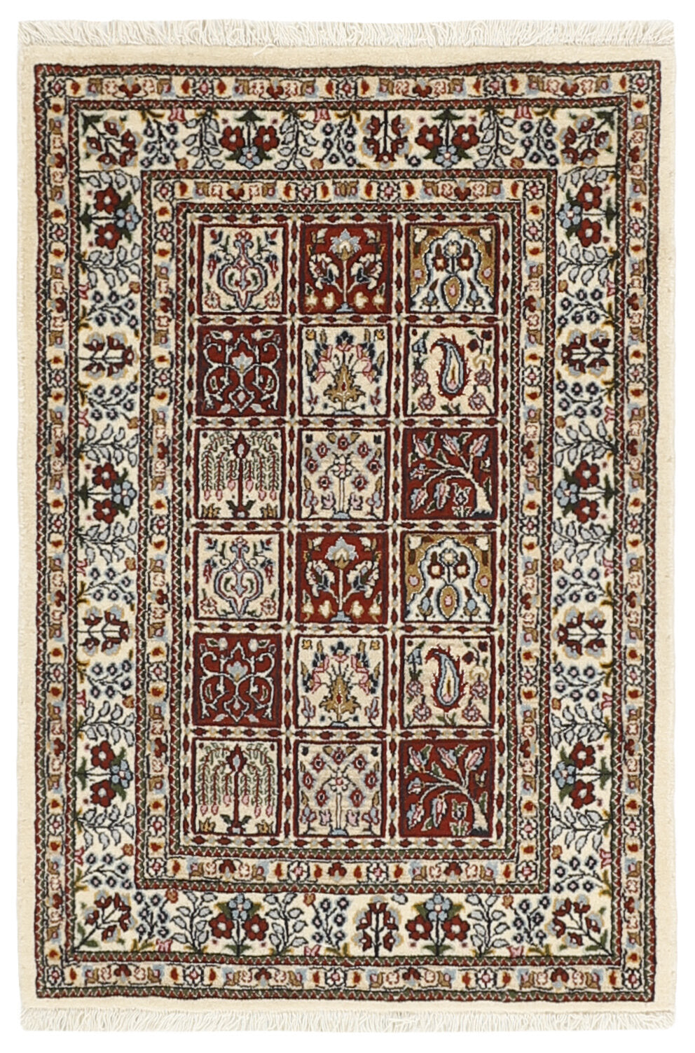 authentic persian rug with floral pattern in red, pink, yellow, blue, green, beige, brown and black