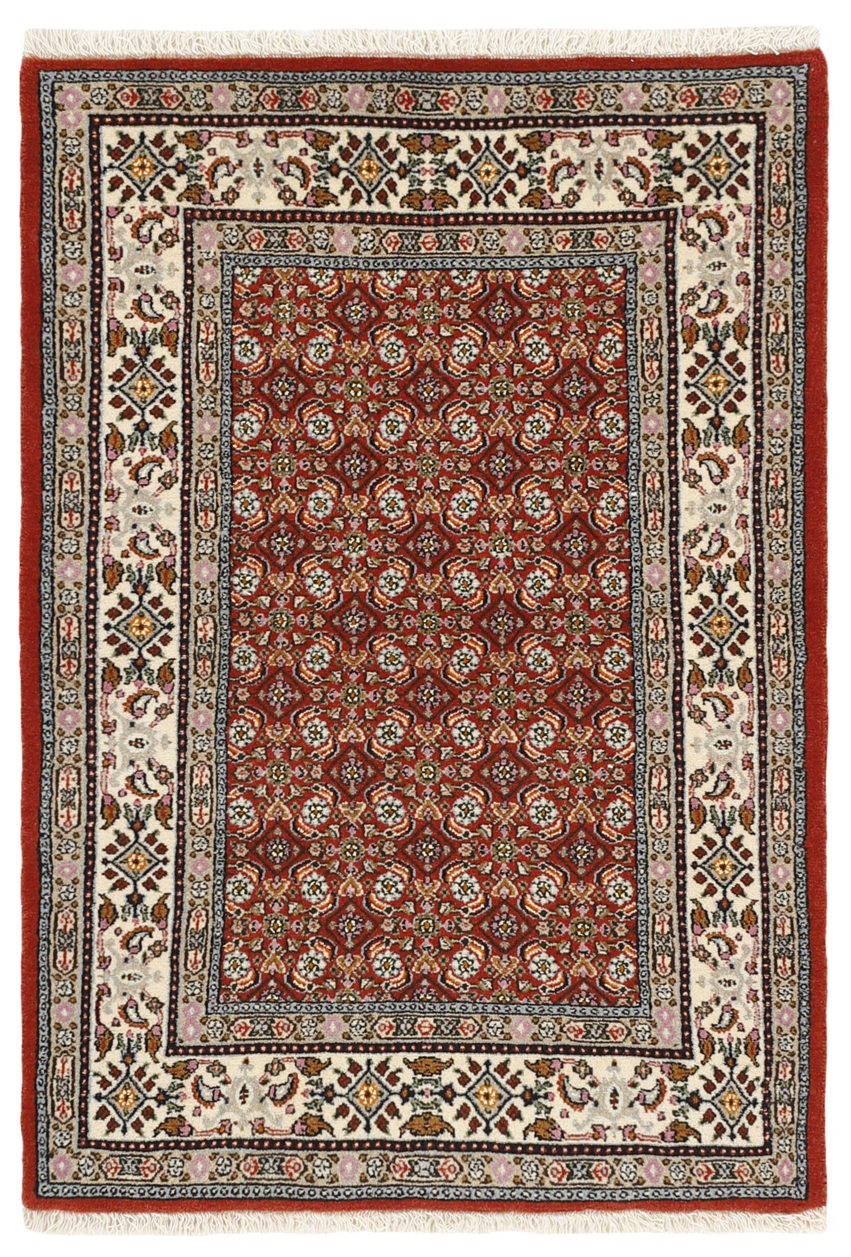 authentic persian rug with traditional floral pattern in red, pink, yellow, blue, green, cream, beige, brown and black