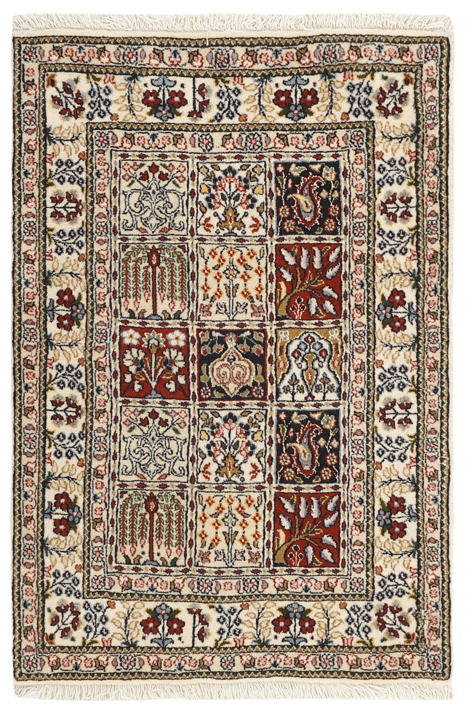 authentic persian rug with floral pattern in red, pink, yellow, blue, green, beige, brown and black