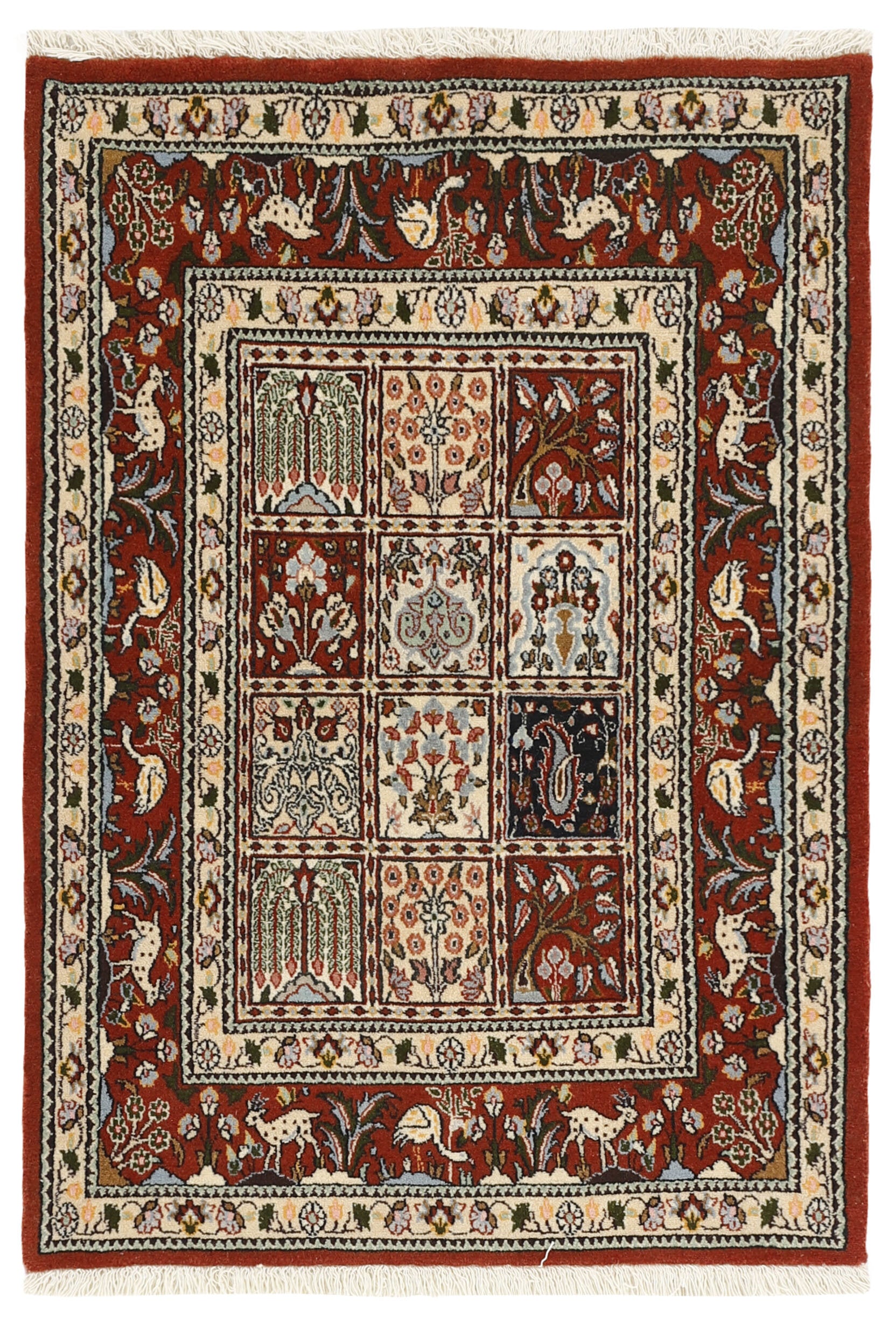 authentic persian rug with floral pattern in red, pink, yellow, blue, green, beige, brown and black