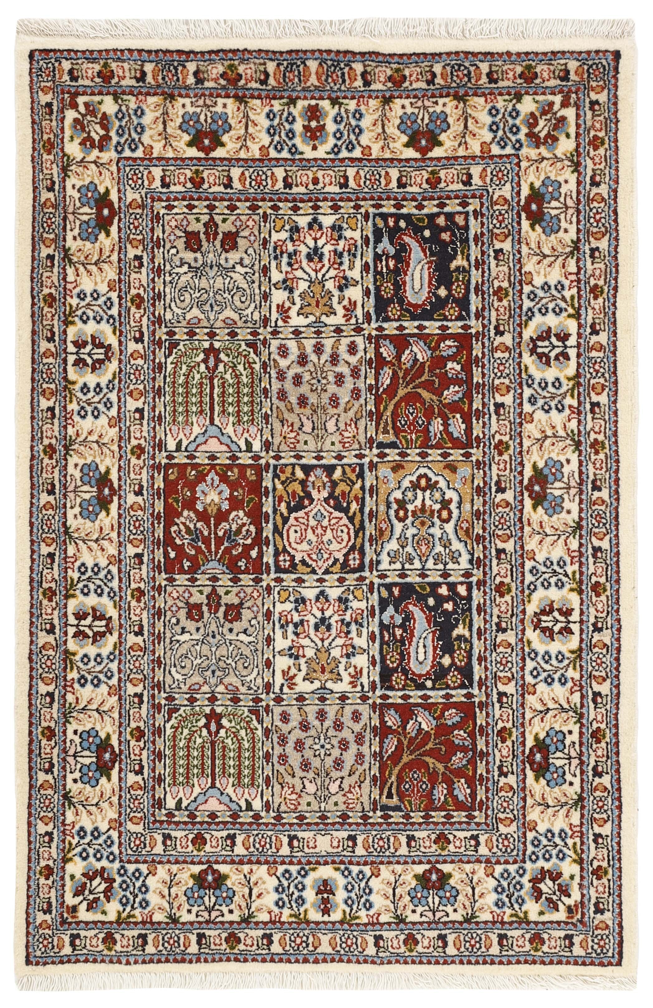 authentic persian rug with floral pattern in red, pink, yellow, blue, green, beige, brown and black