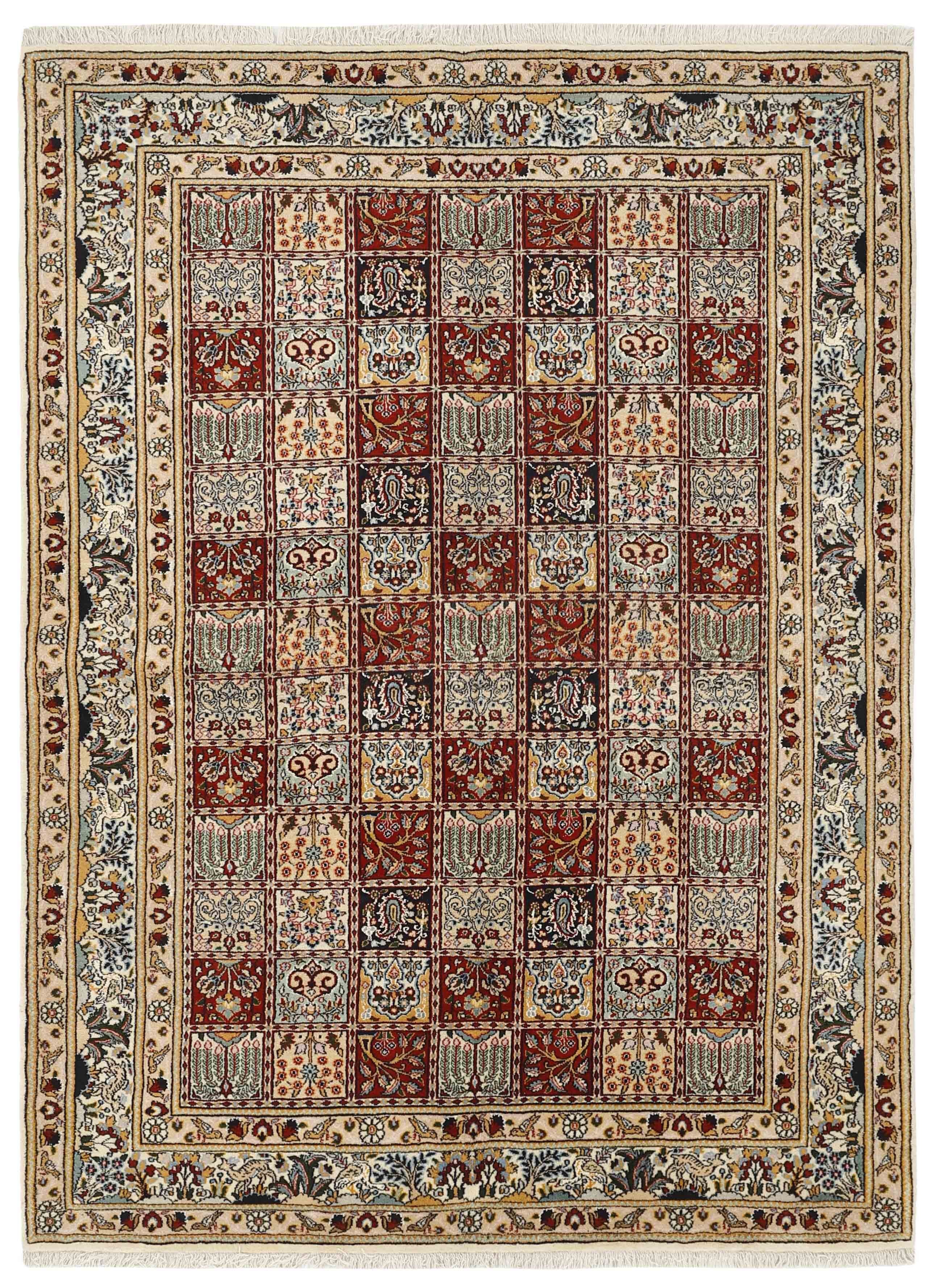 authentic persian rug with floral pattern in red, pink, yellow, blue, green, beige, brown and black