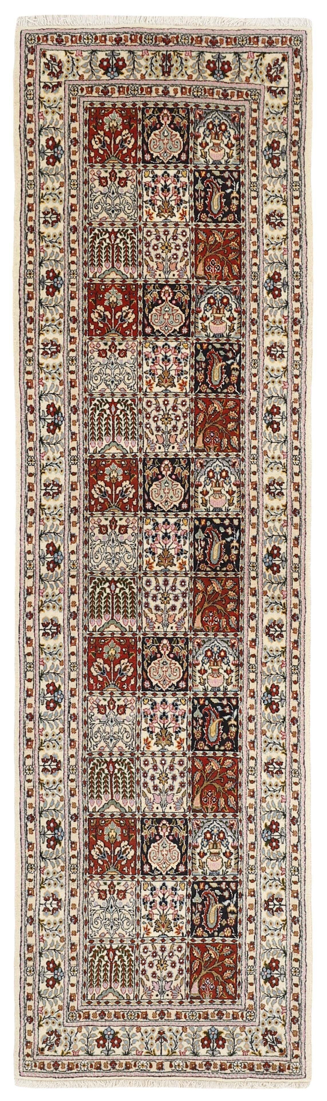 authentic persian runner with floral pattern in red, pink, yellow, blue, green, beige, brown and black
