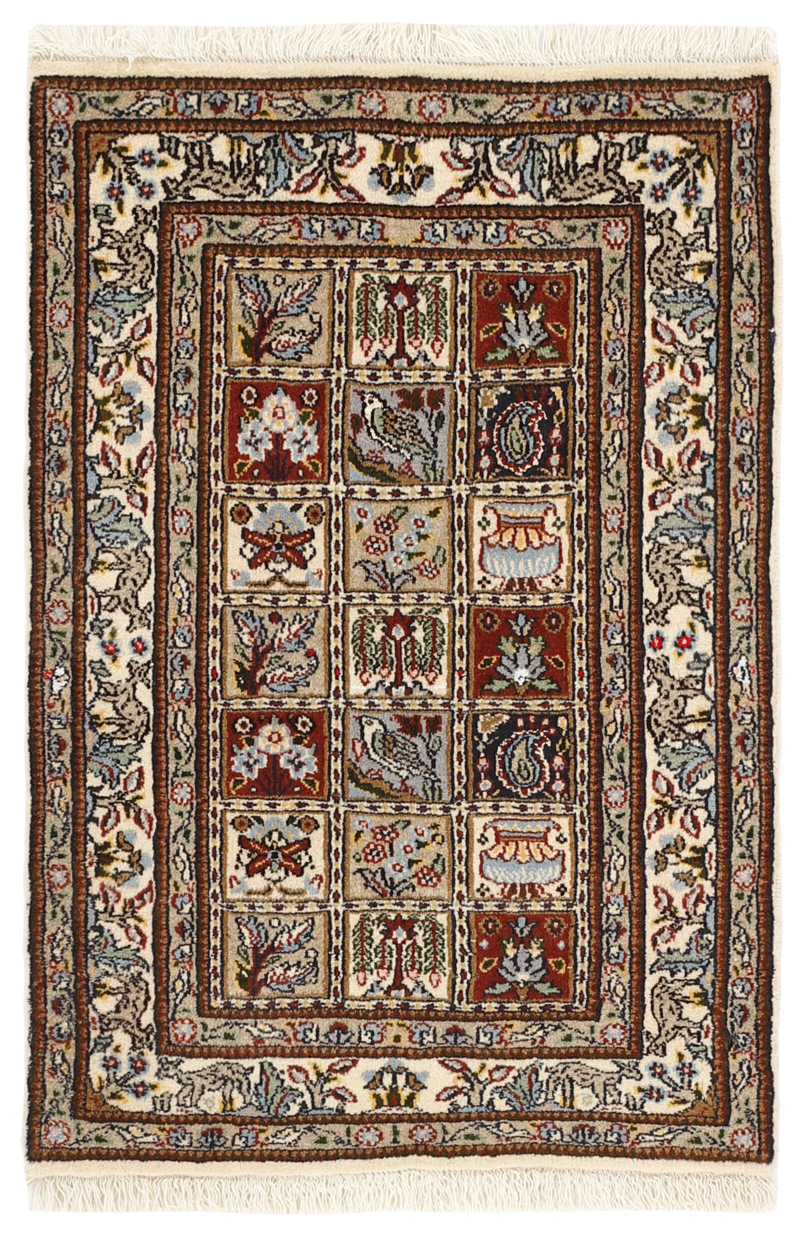 authentic persian rug with floral pattern in red, pink, yellow, blue, green, beige, brown and black