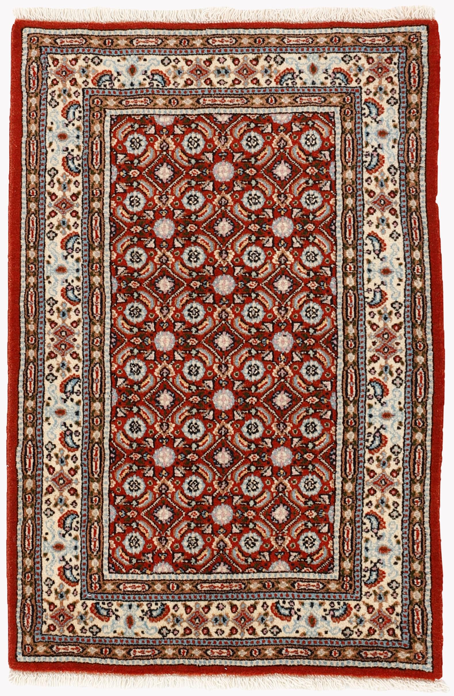 authentic persian rug with traditional floral pattern in red, blue, beige, brown and black