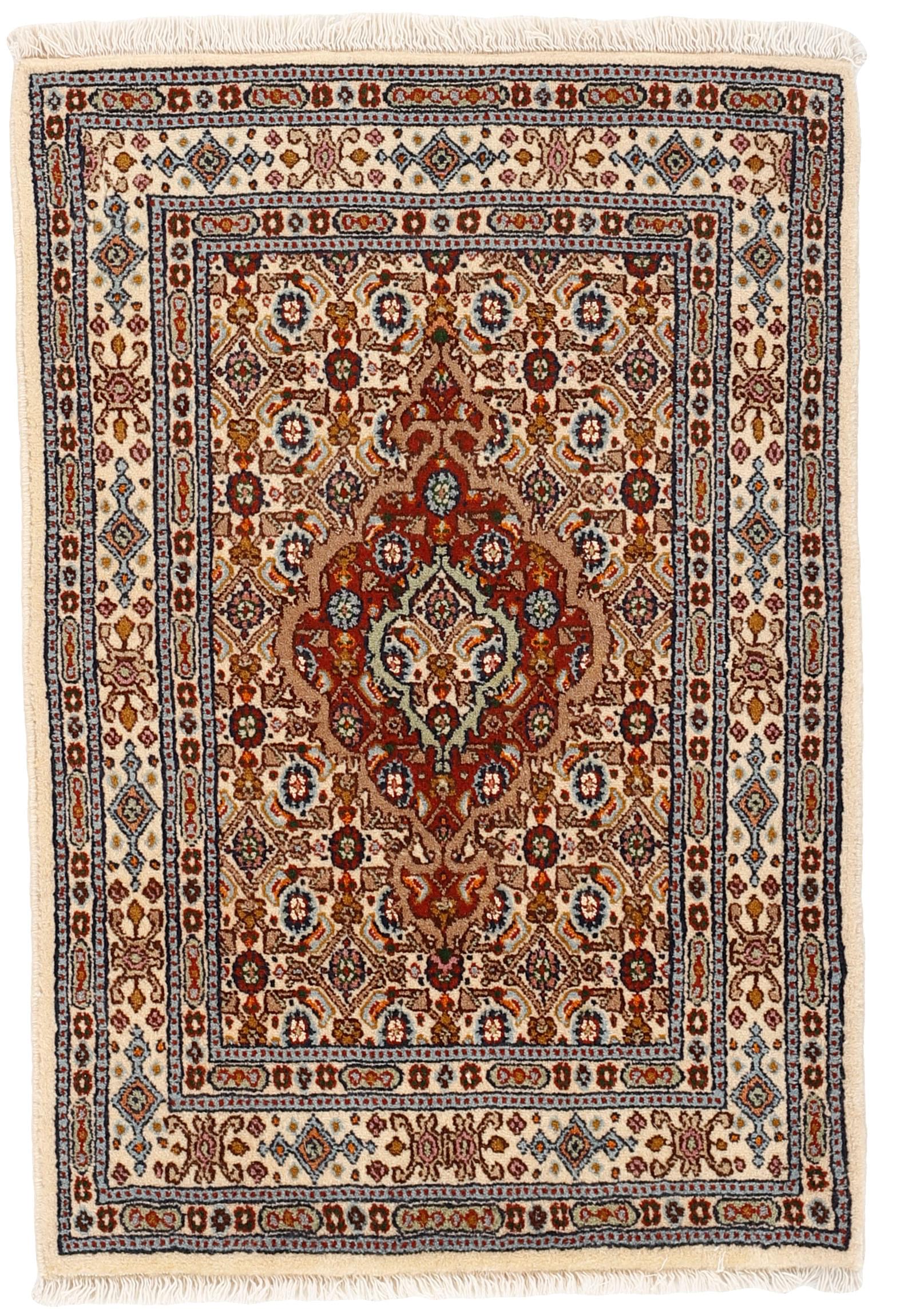 authentic persian rug with traditional floral pattern in red, blue, beige, brown and black