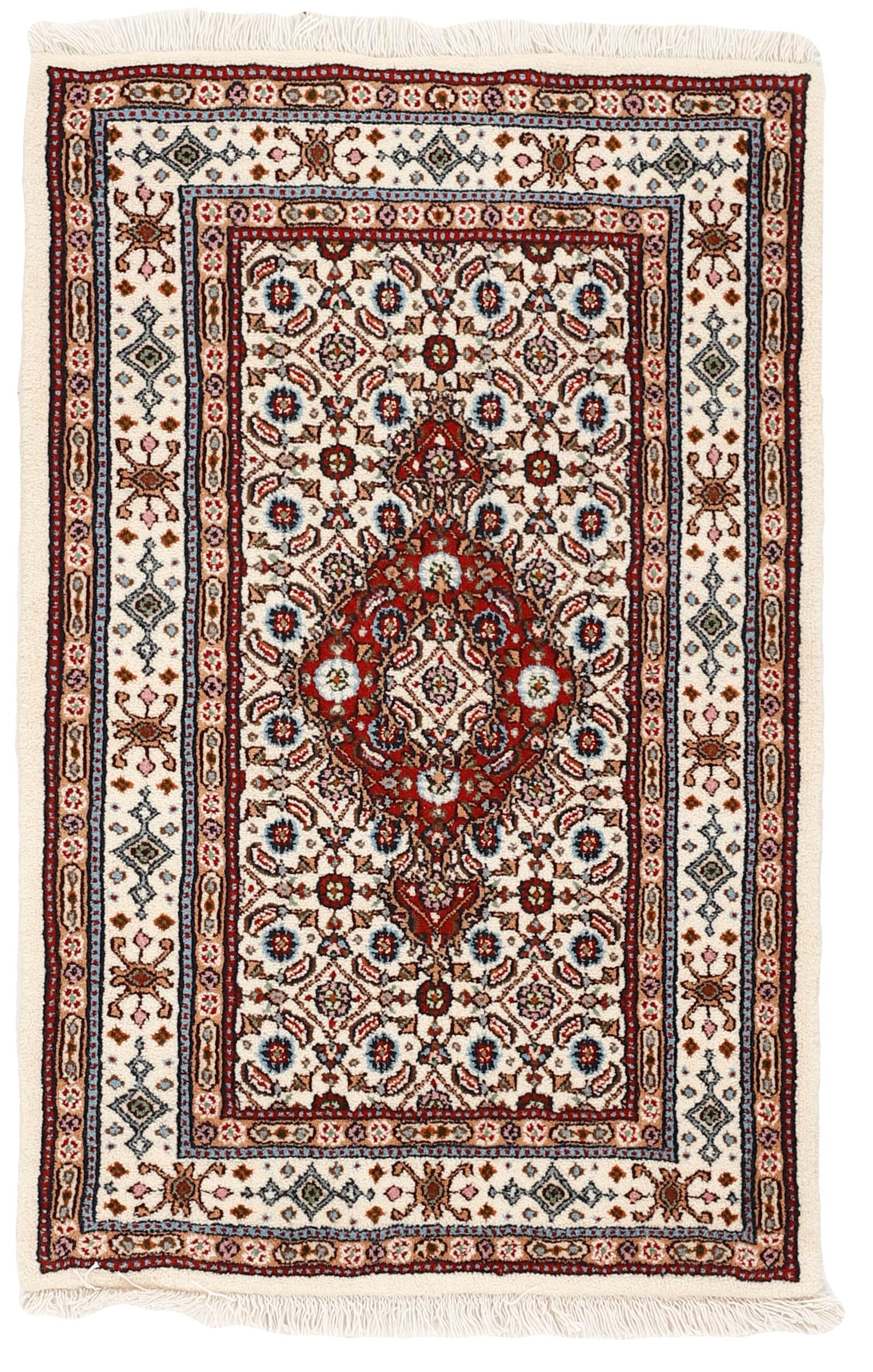 authentic persian rug with traditional floral pattern in red, blue, beige, brown and black