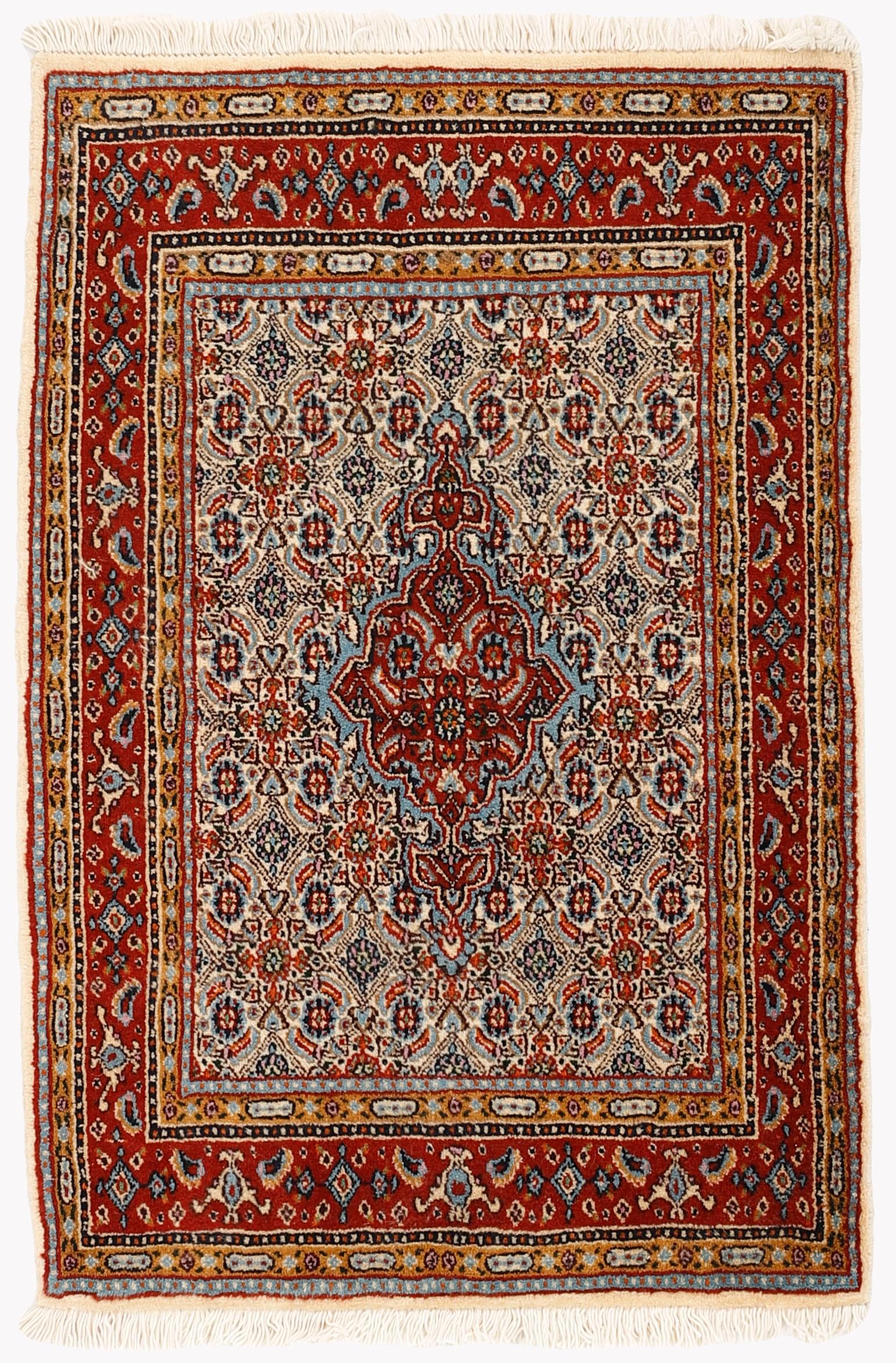 authentic persian rug with traditional floral pattern in red, blue, beige, brown and black