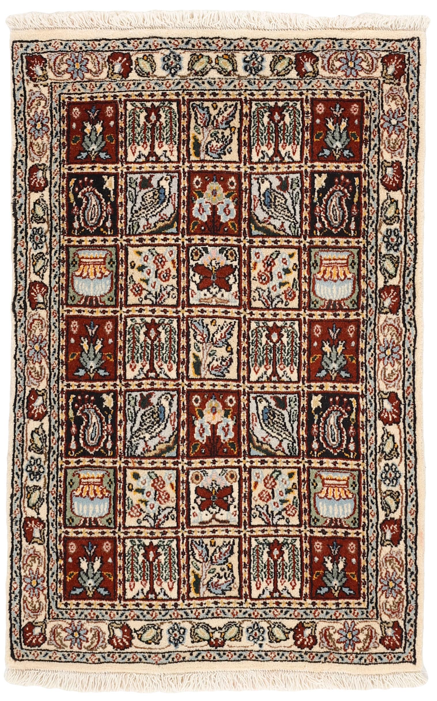 authentic persian rug with floral pattern in beige, blue and red