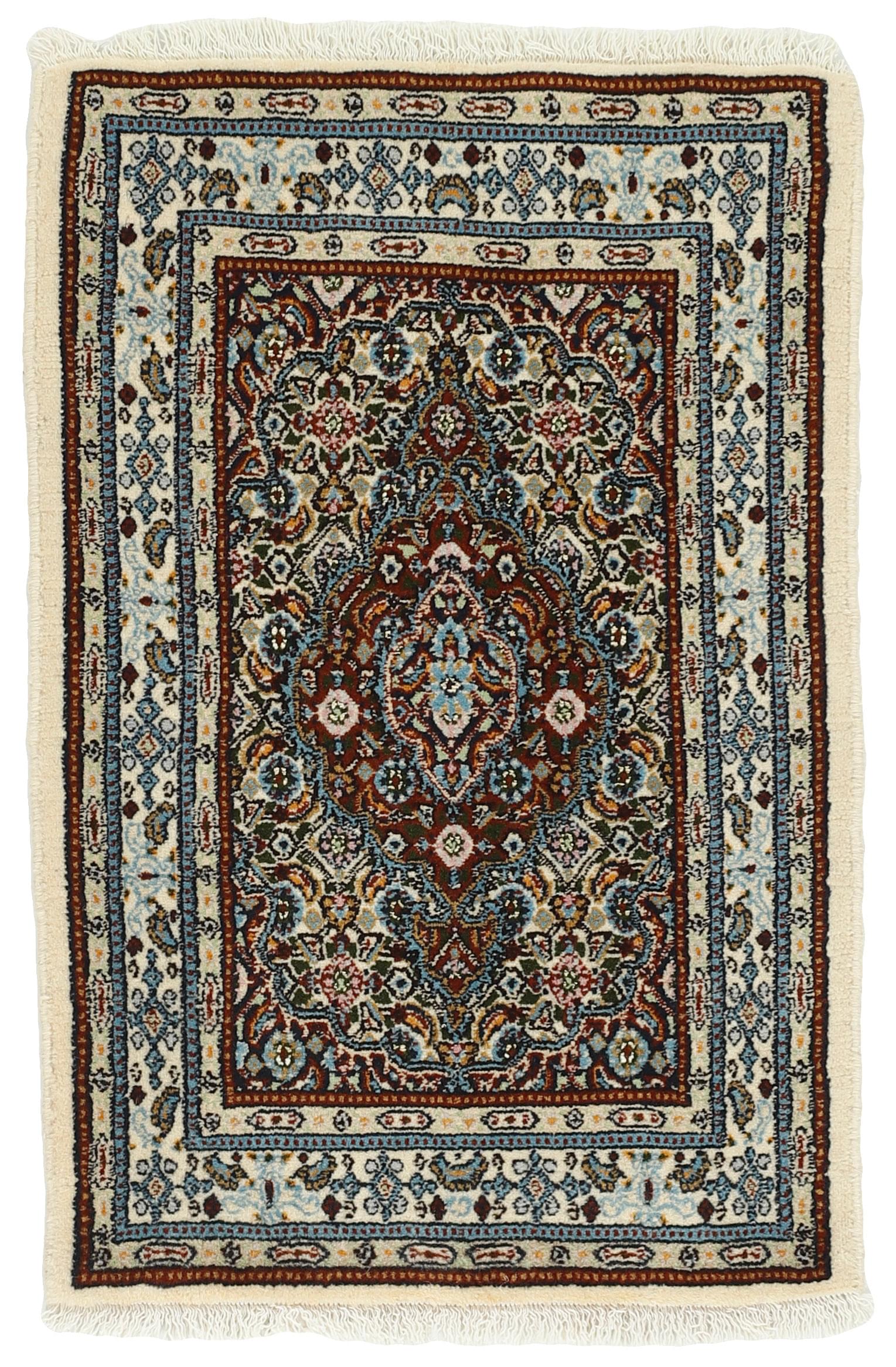 authentic persian rug with traditional floral pattern in red, blue, beige, brown and black