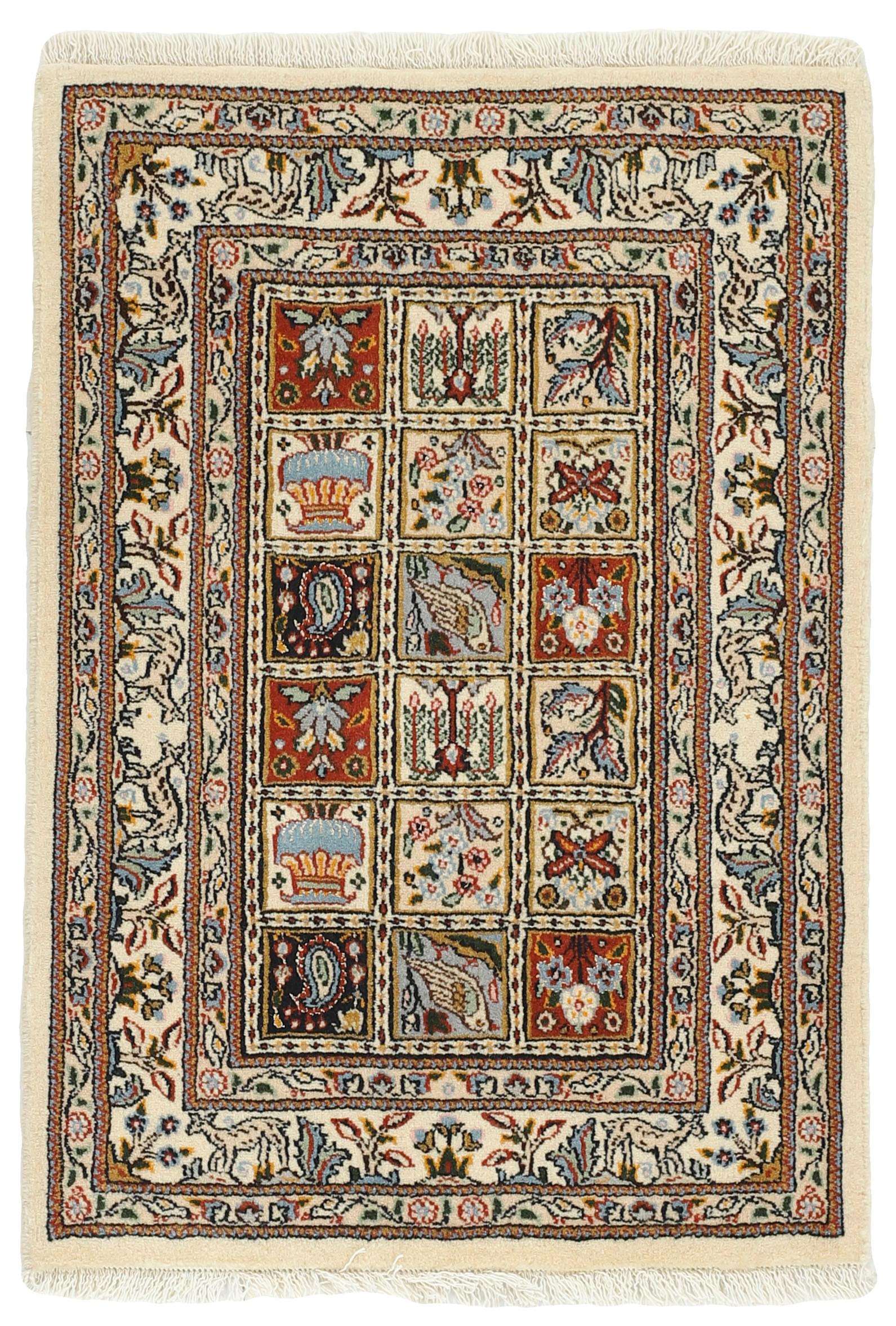 authentic persian rug with floral pattern in beige, blue and red