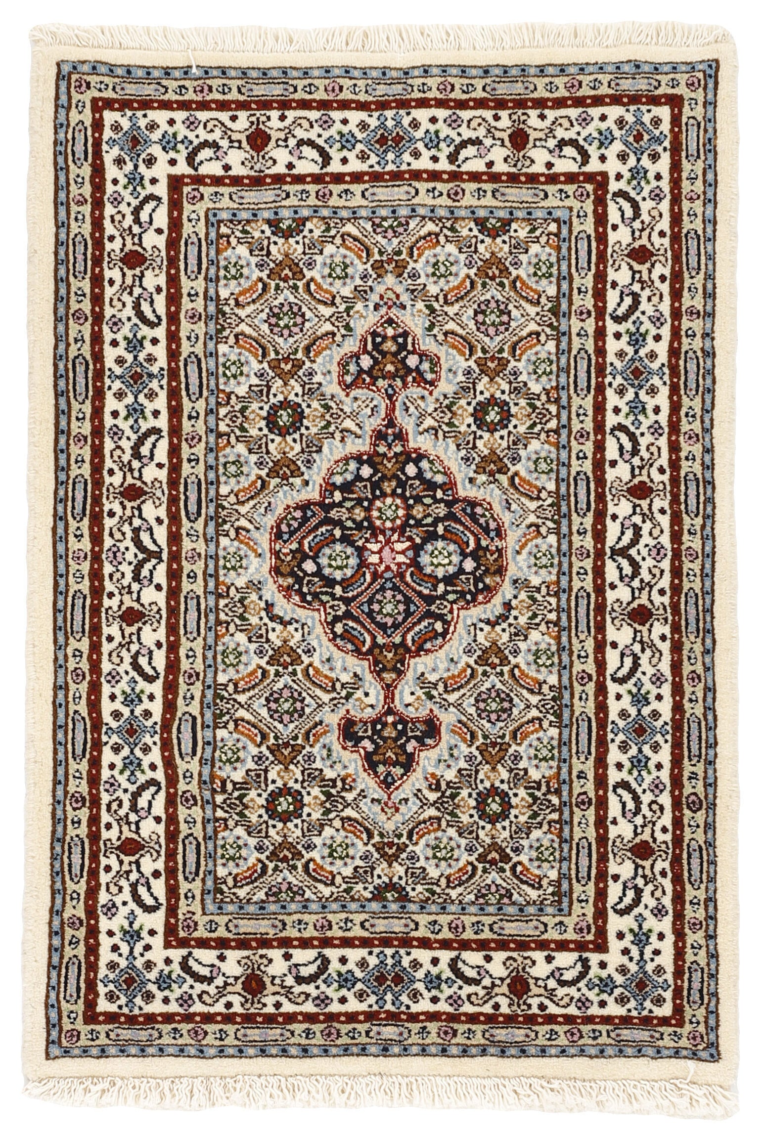 authentic persian rug with traditional floral pattern in red, pink, yellow, blue, green, cream, beige, brown and black