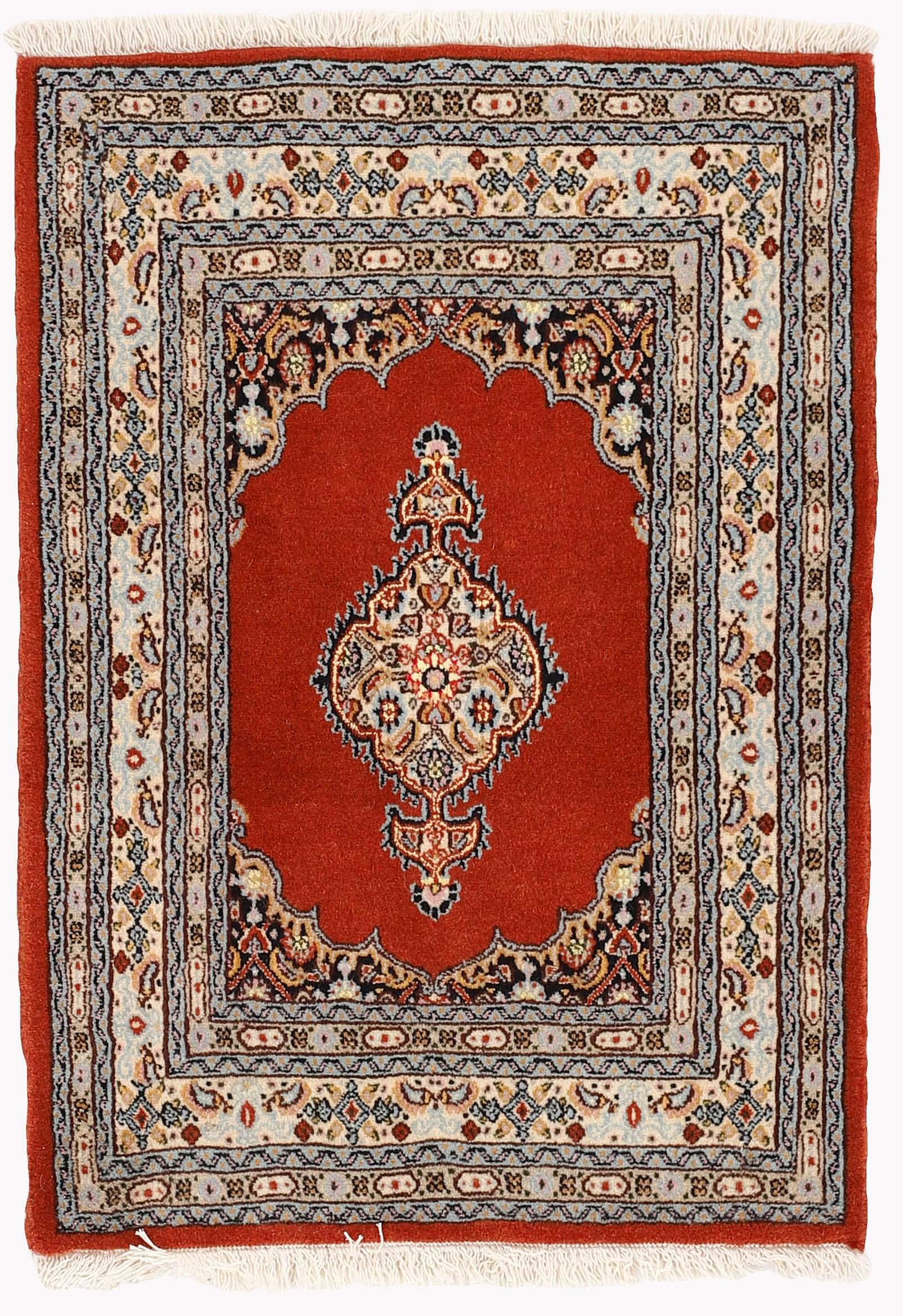 authentic persian rug with traditional floral pattern in red, blue, beige, brown and black