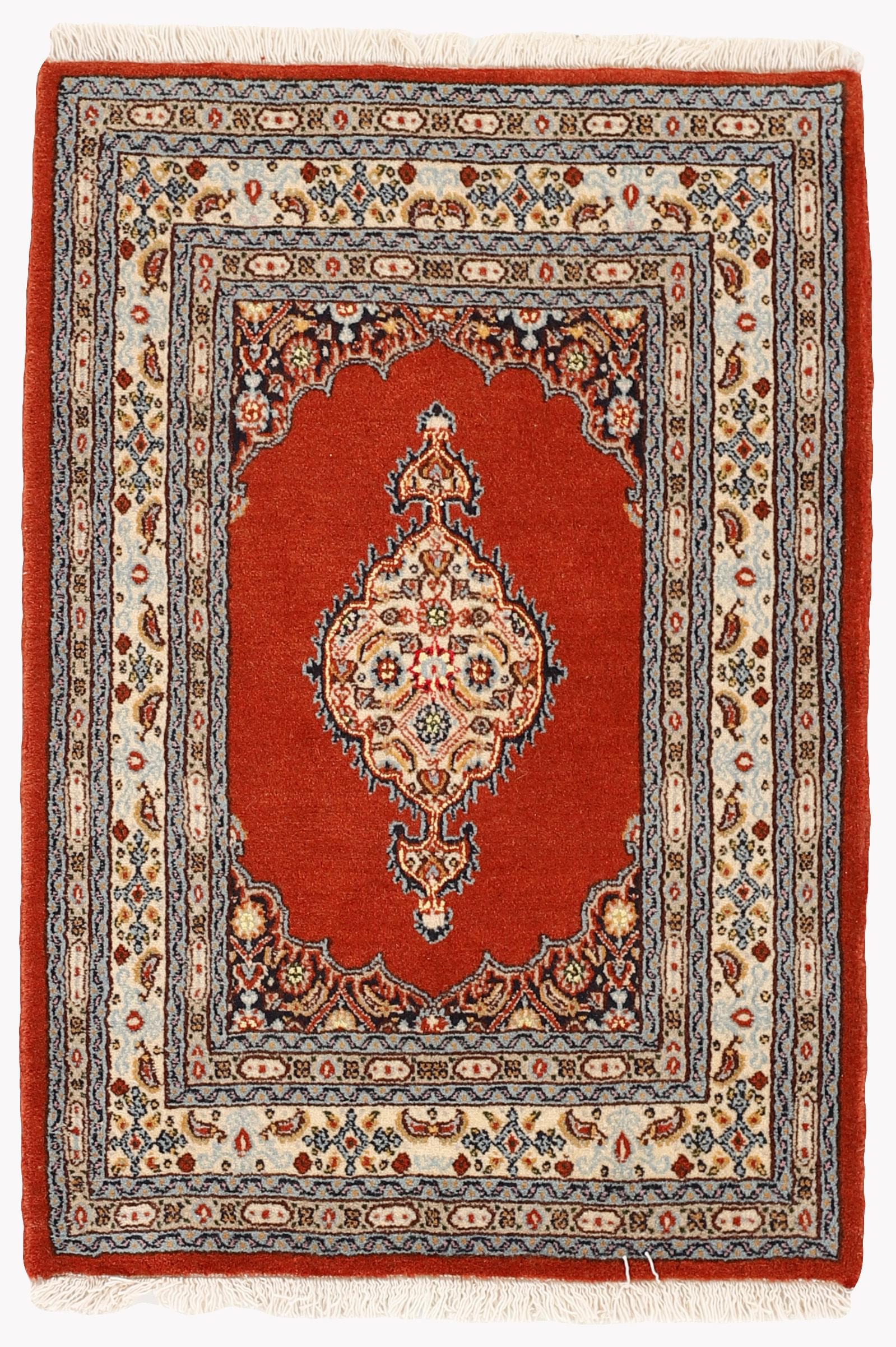 authentic persian rug with traditional floral pattern in red, blue, beige, brown and black