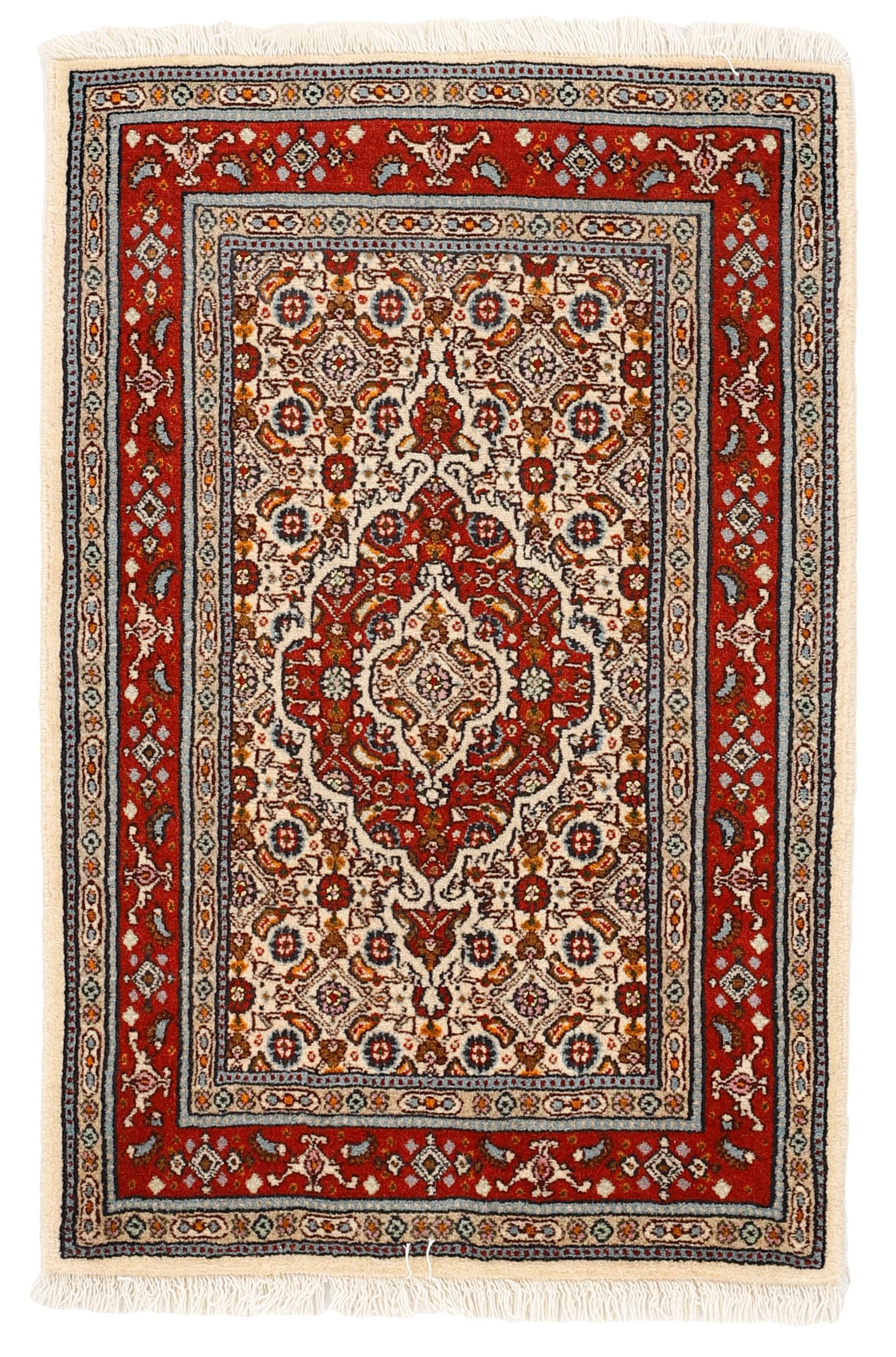 authentic persian rug with traditional floral pattern in red, blue, beige, brown and black