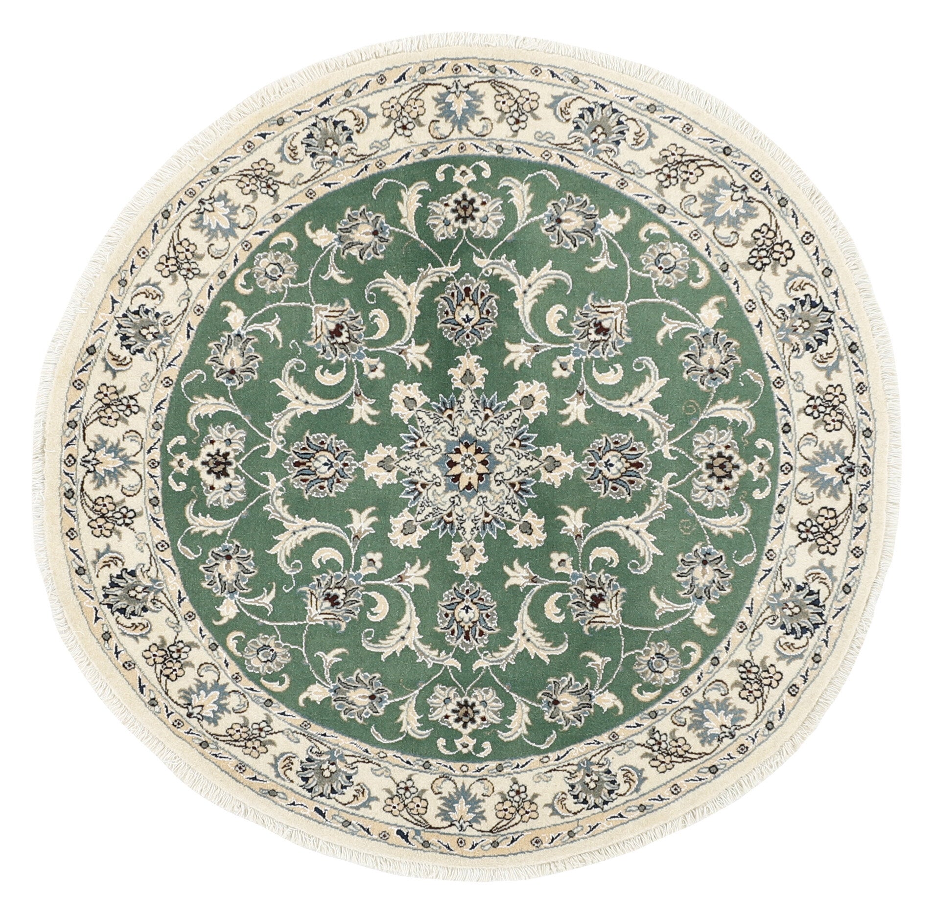 Authentic persian circle rug with a traditional floral design in green, blue, beige, brown and black