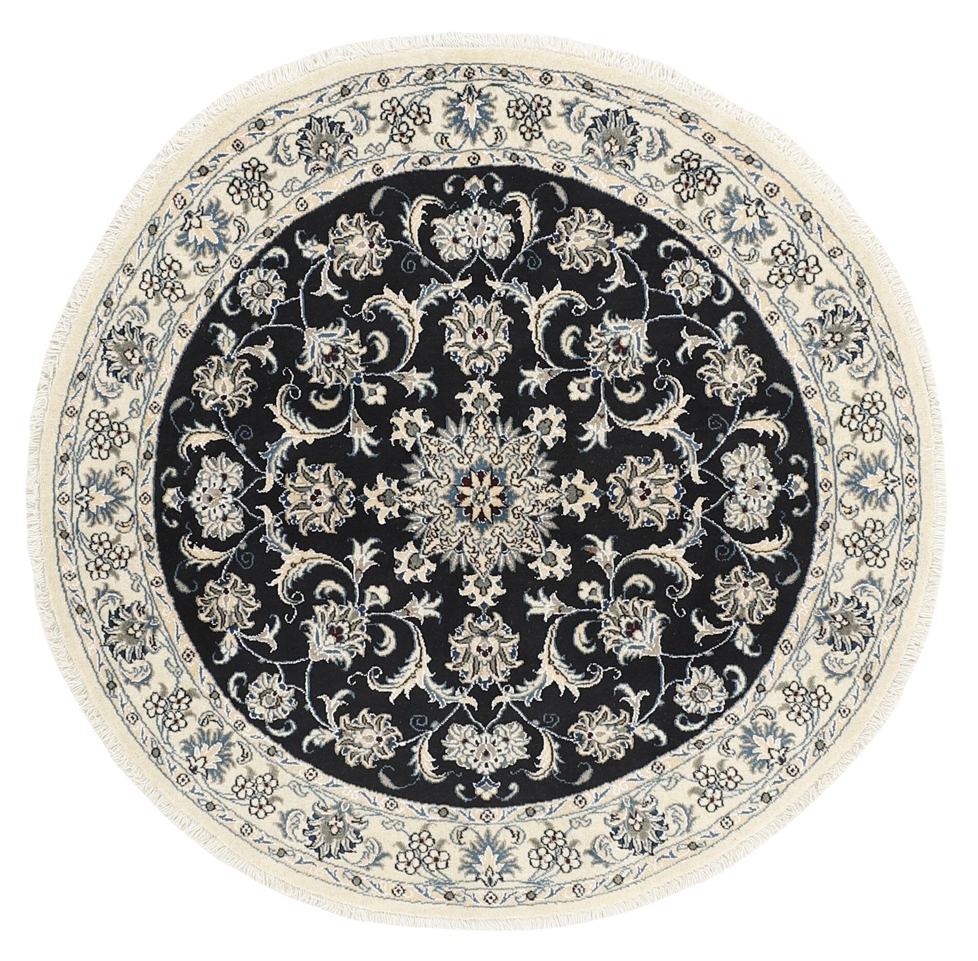 Authentic persian circle rug with a traditional floral design in cream and black