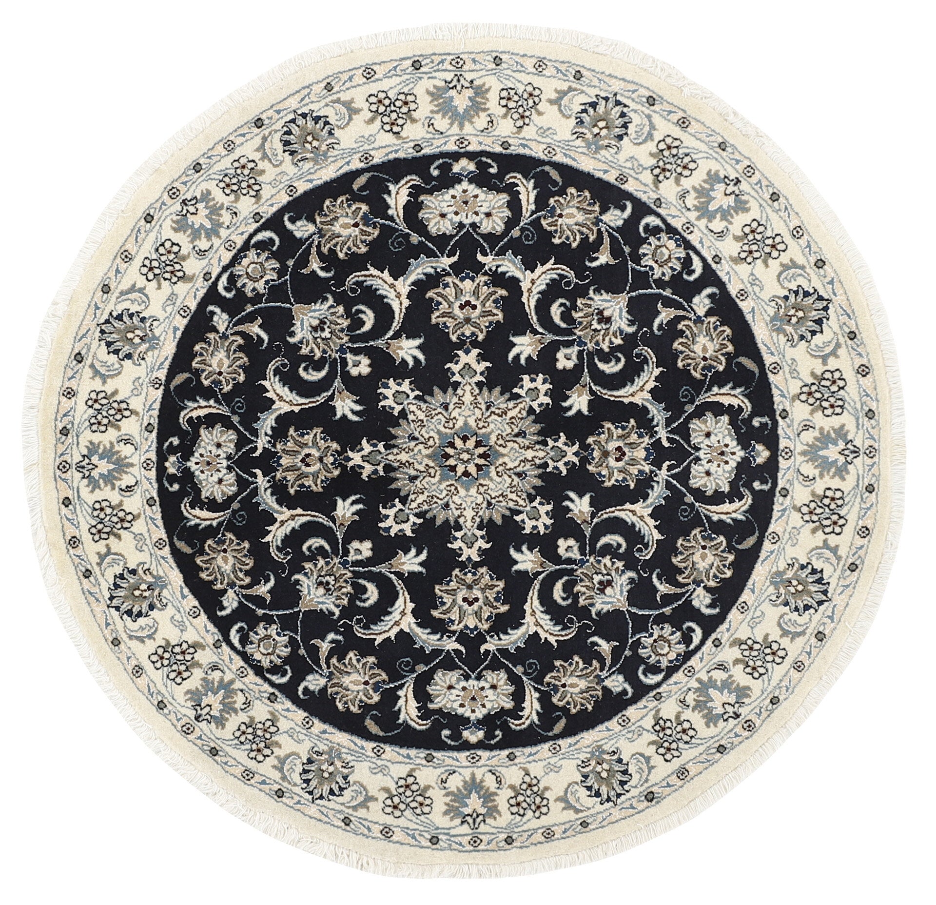 Authentic persian rug with a traditional floral design in cream, blue, beige, brown and black