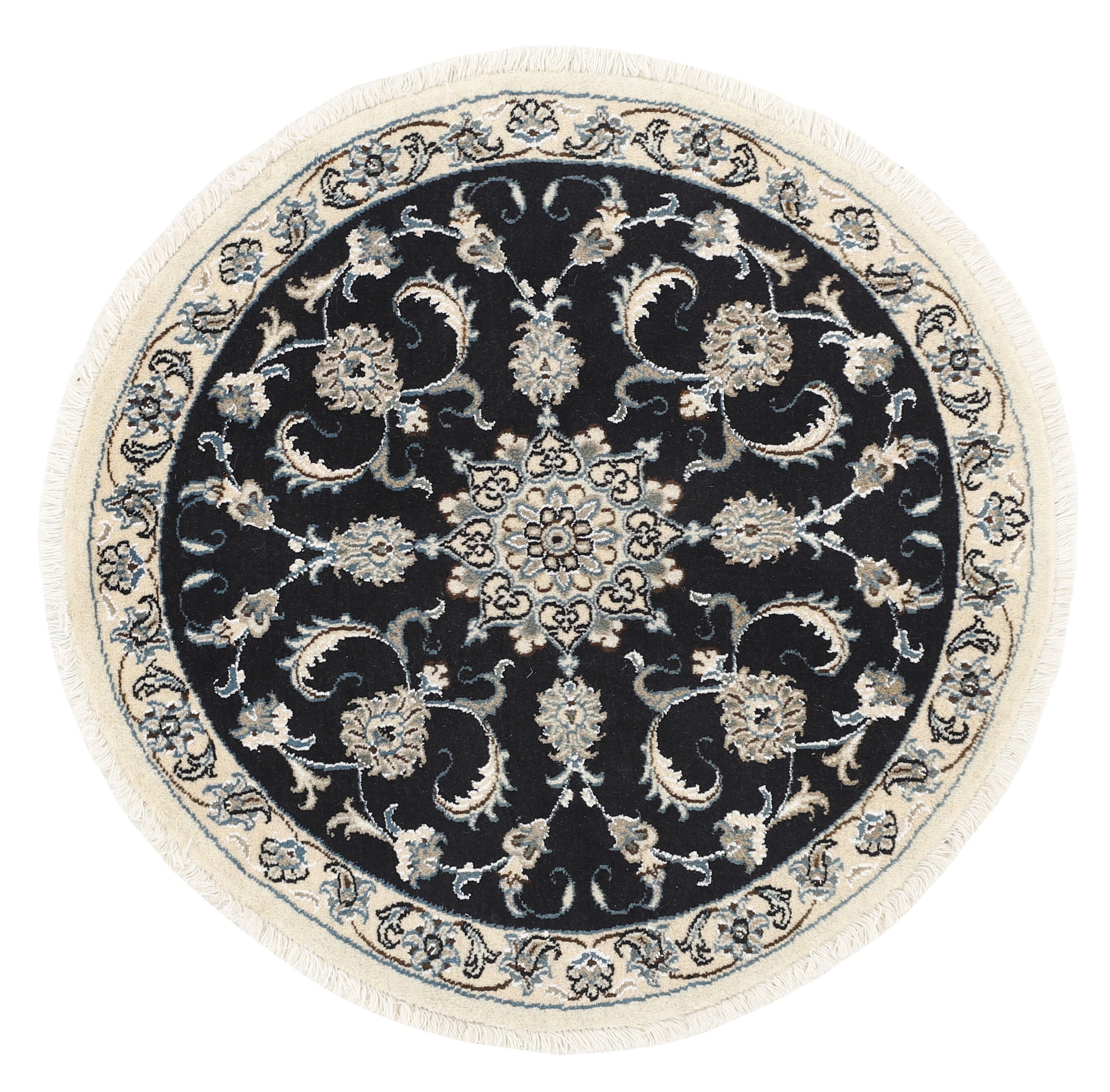 Authentic persian circle rug with a traditional floral design in cream and black