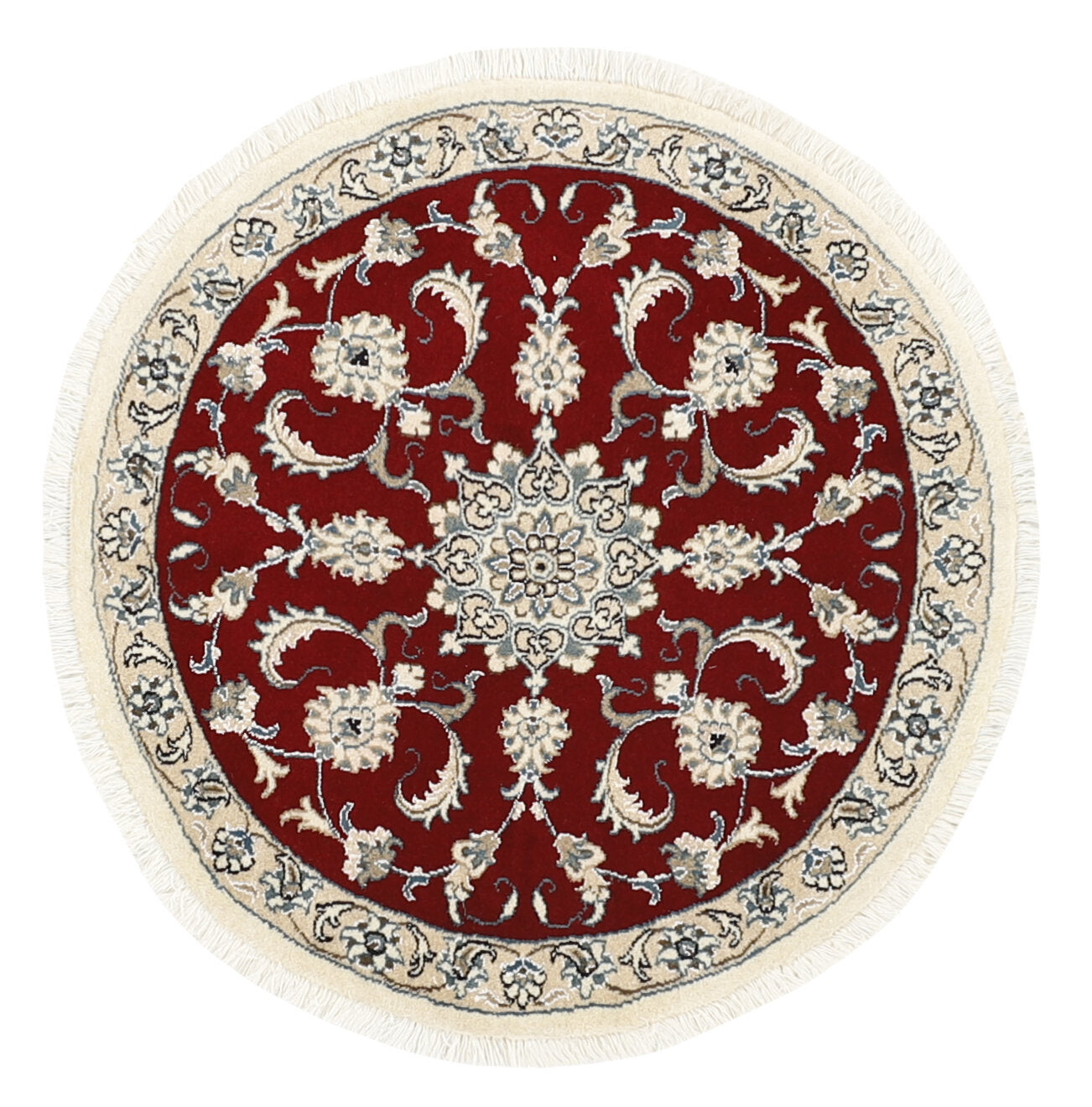 Authentic persian circle rug with a traditional floral design in cream and red
