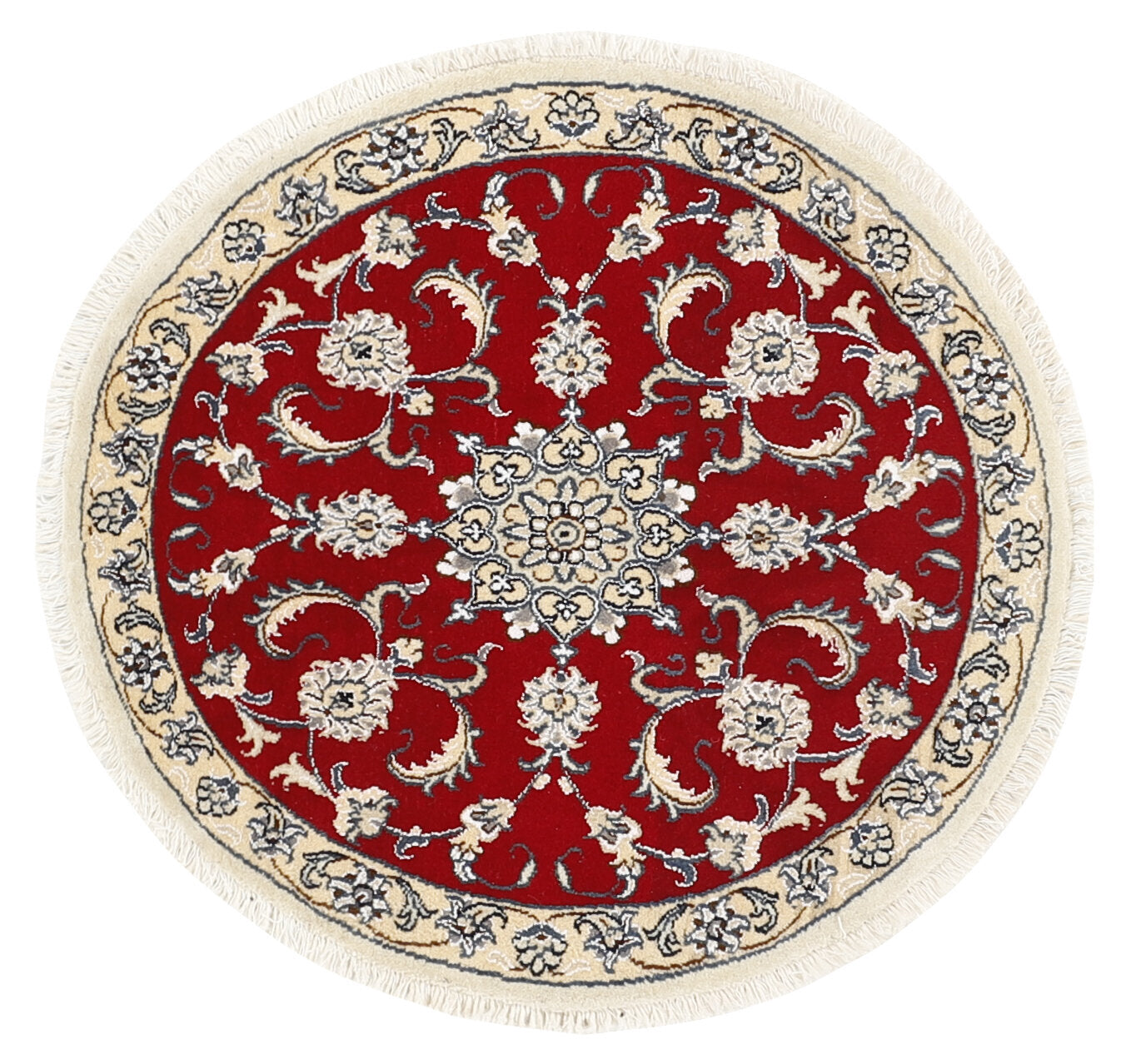 Authentic persian circle rug with a traditional floral design in cream and red