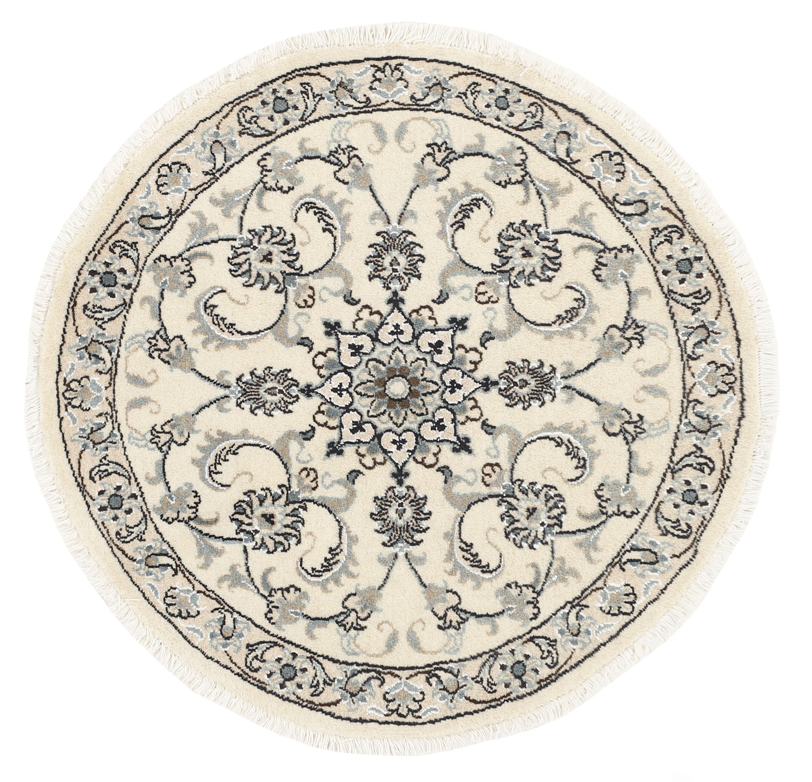Authentic persian circle rug with a traditional floral design in cream and blue