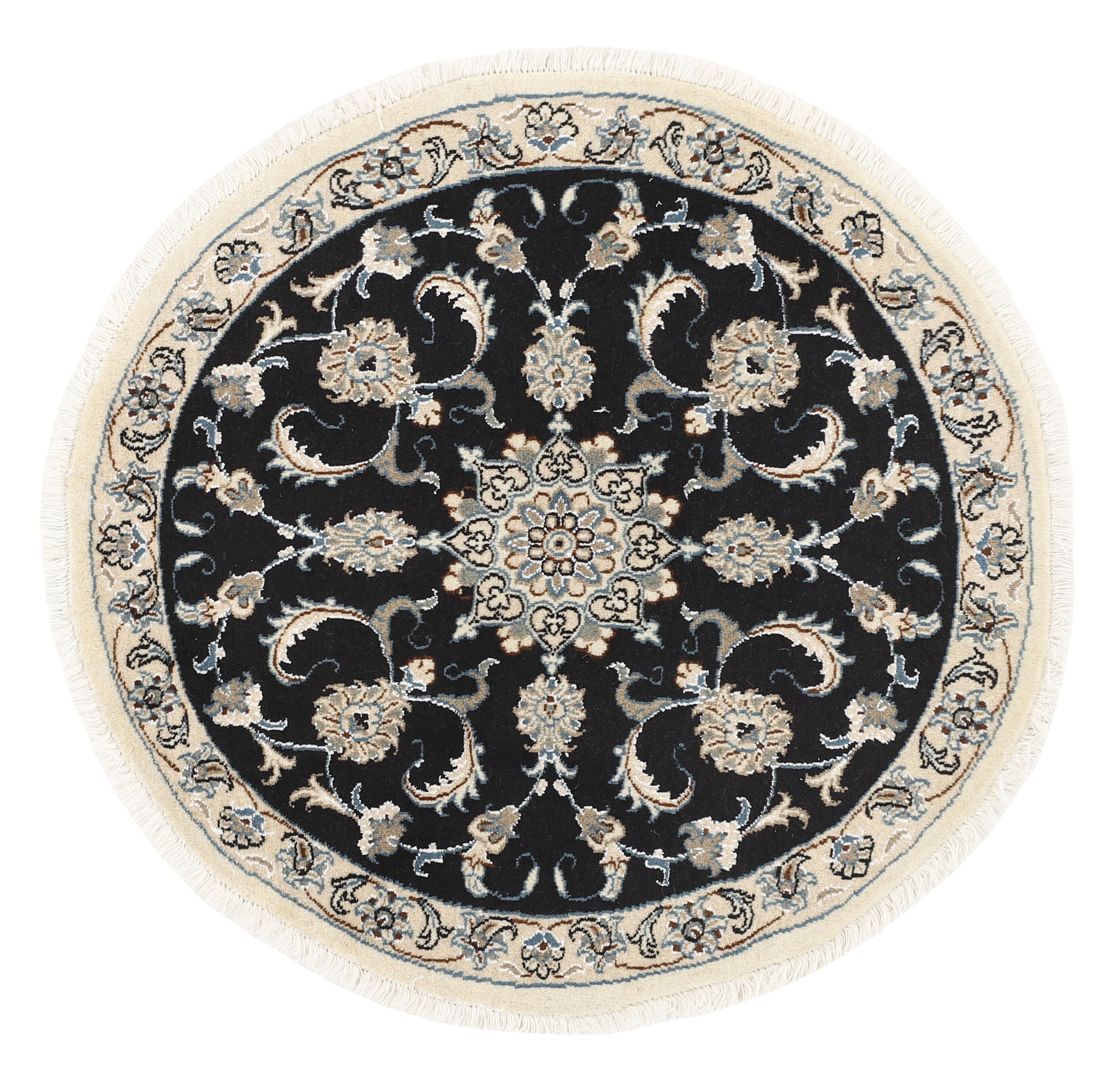 Authentic persian circle rug with a traditional floral design in cream and black