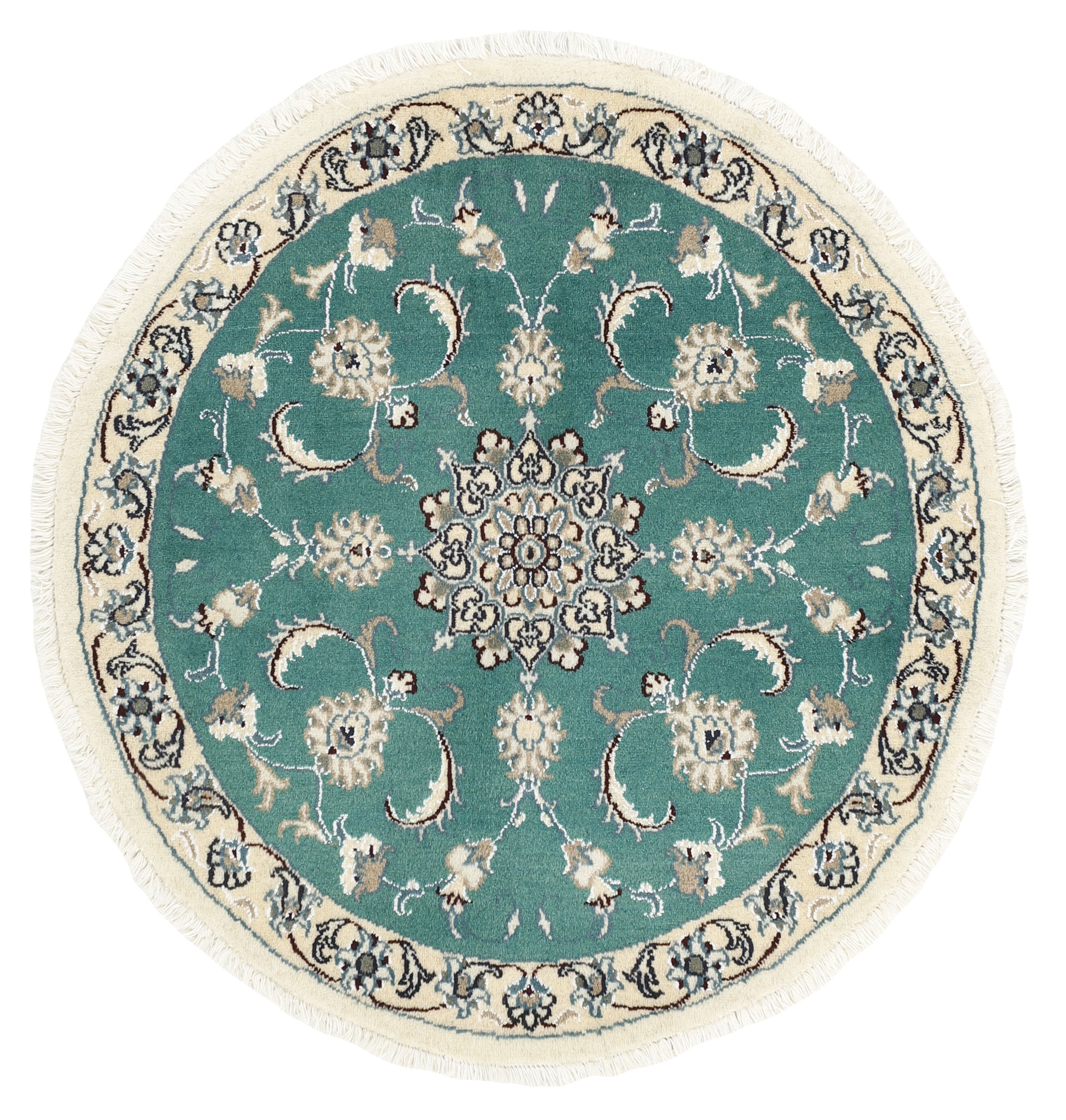 Authentic persian circle rug with a traditional floral design in green, blue, beige, brown and black